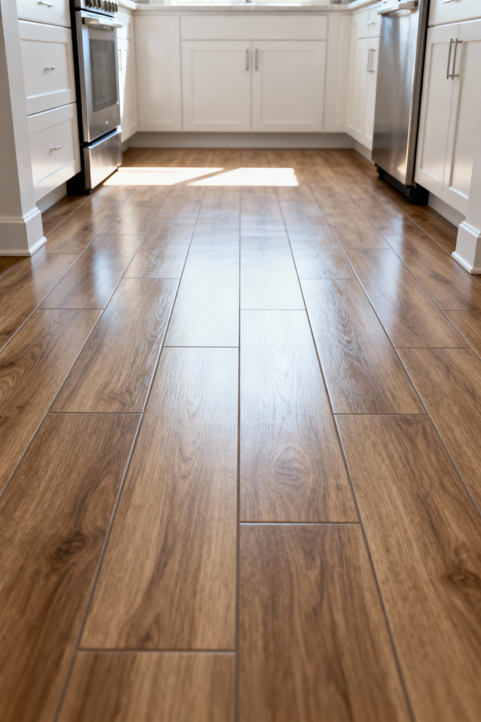 Stylish interlocking wood-grain vinyl tiles installed in a modern rental kitchen, providing a fresh and comfortable floor.