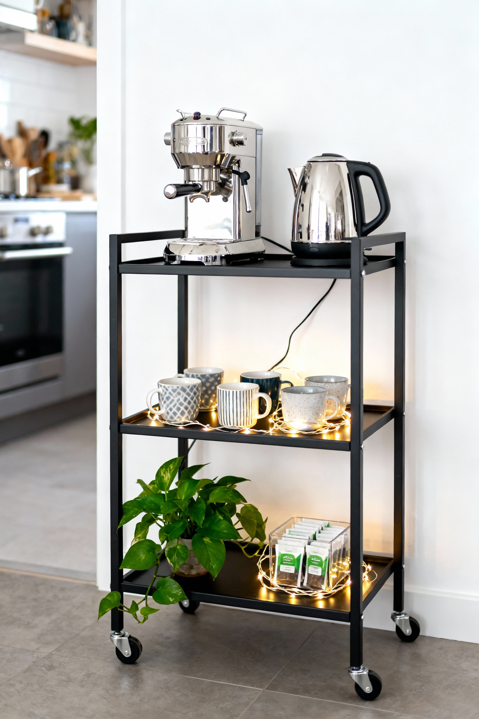 A charming and functional coffee tea nook created on a three-tier compact rolling cart, organized with a coffee maker, tea essentials, mugs, and a small plant, set in a bright apartment kitchen.