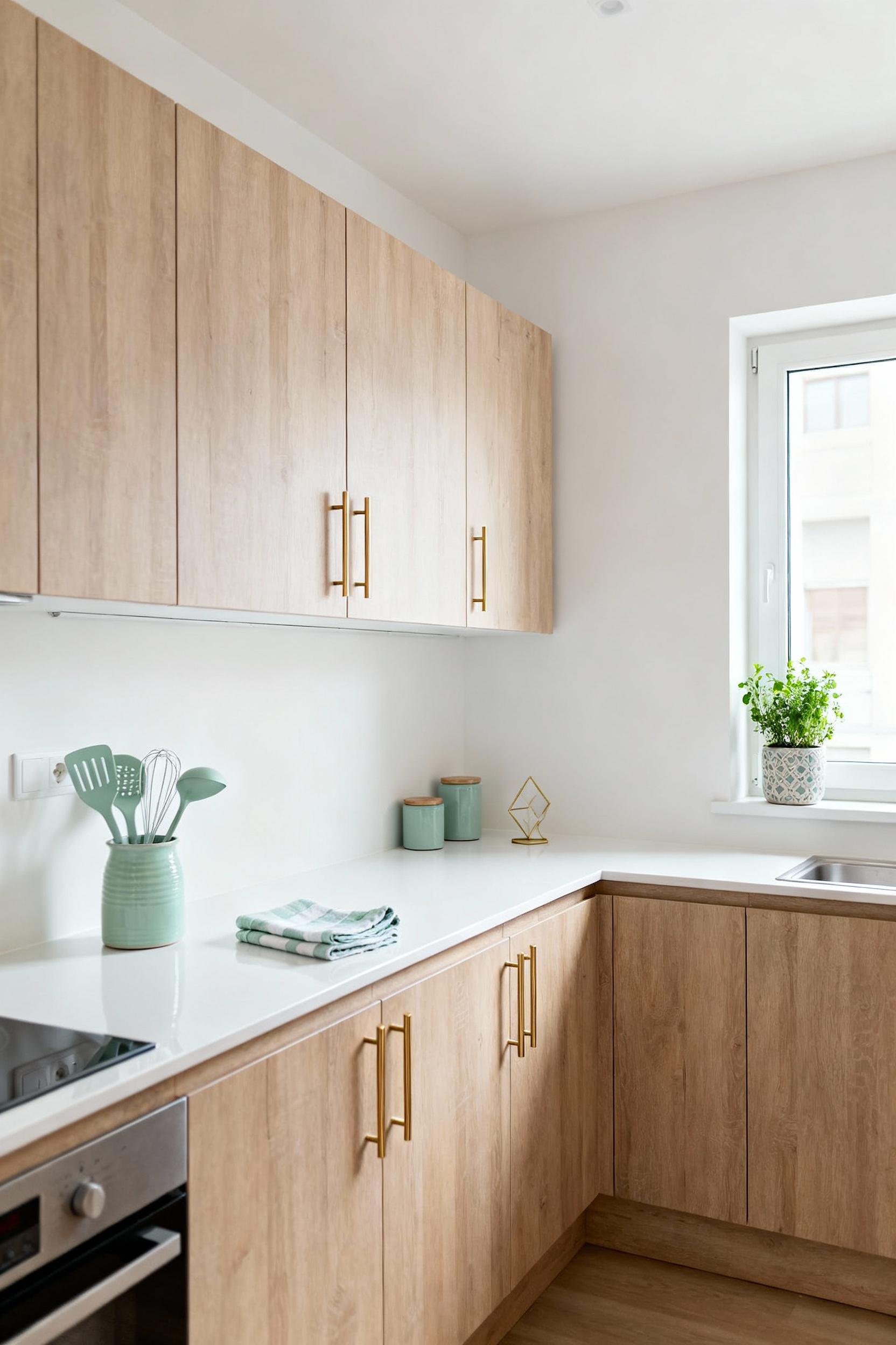 A bright, modern rental kitchen featuring light wood cabinets, white countertops, and a cohesive color palette of mint green and soft gold introduced through temporary decor like a plant, tea towel, and storage jars, enhancing visual flow and perceived space.