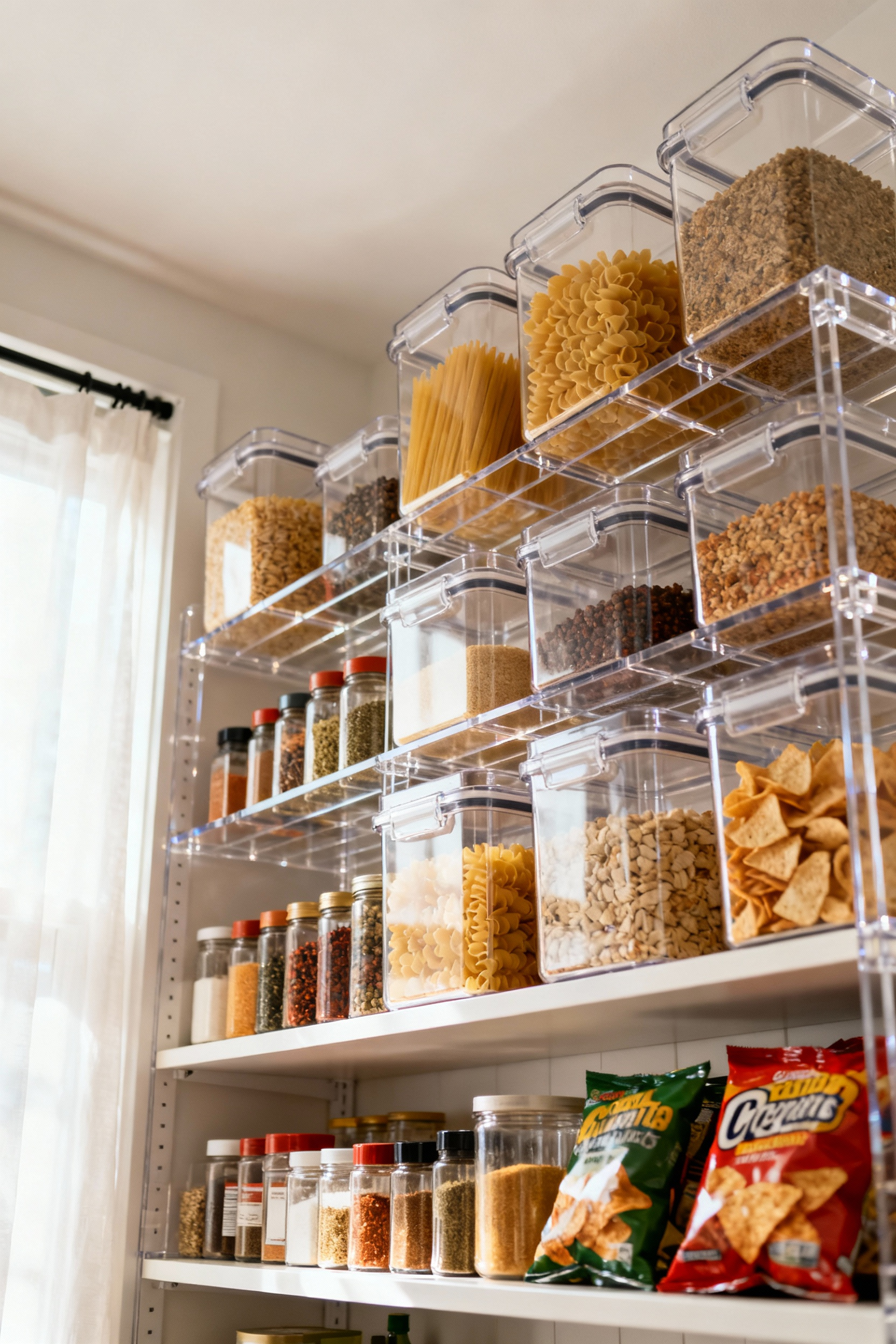 A beautifully organized apartment pantry with clear storage bins for dry goods and tiered shelf organizers holding spices and canned goods, showcasing efficient space utilization in a rental kitchen.