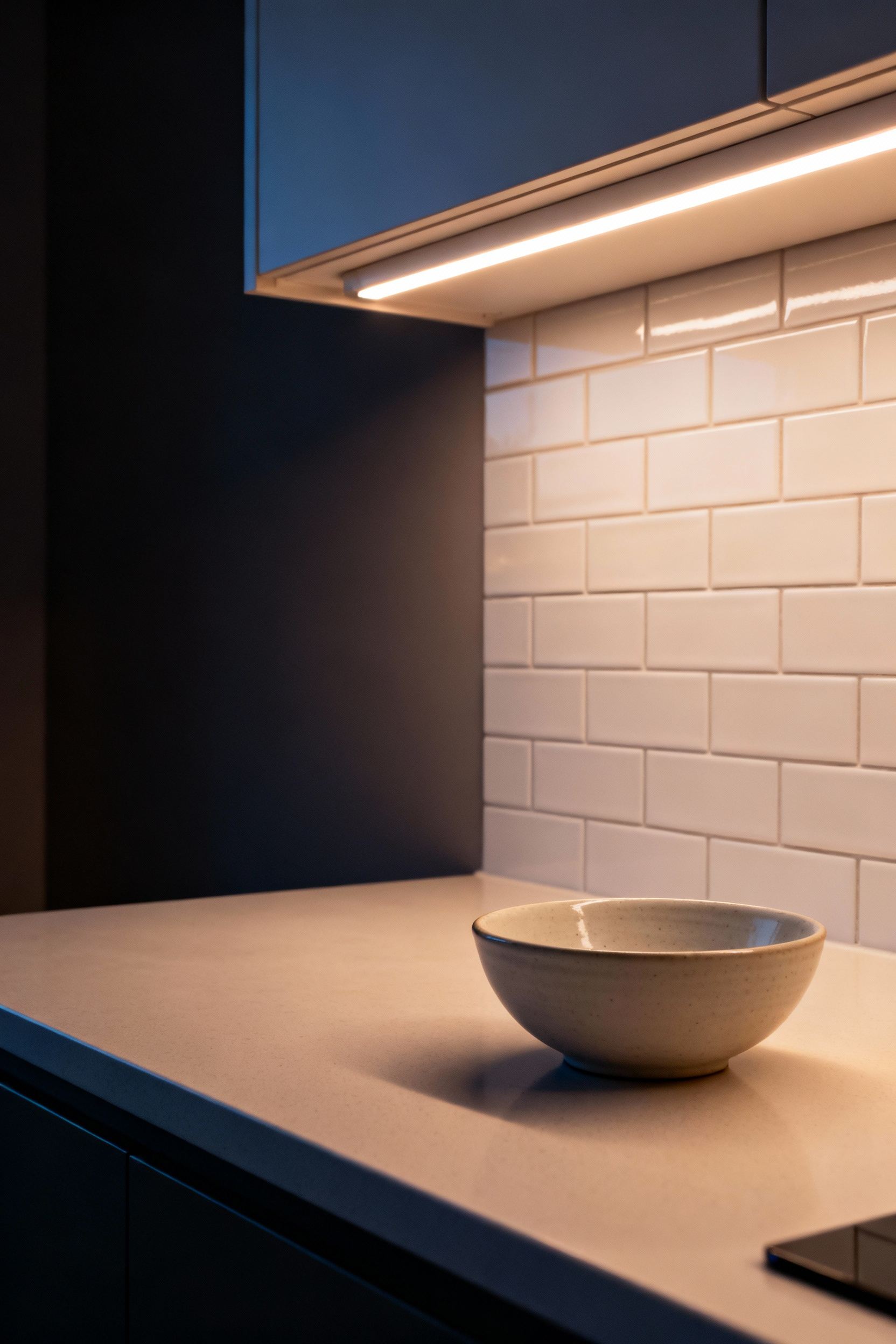 A rental kitchen countertop illuminated by warm under-cabinet LED strip lighting, showing a bright, shadow-free workspace.