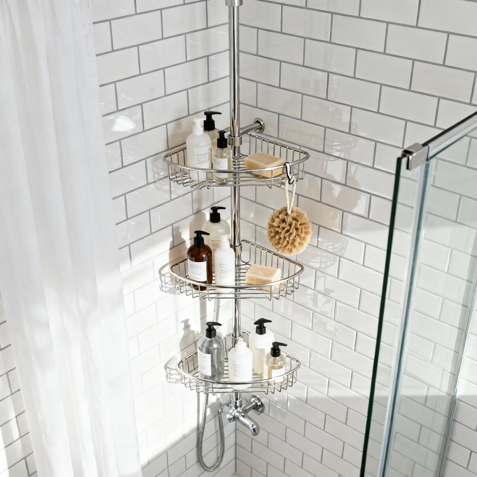 Close-up of a modern, rust-proof adjustable tension pole shower caddy installed in a clean, tiled shower, filled with neatly organized shampoo, conditioner, and soap bottles.