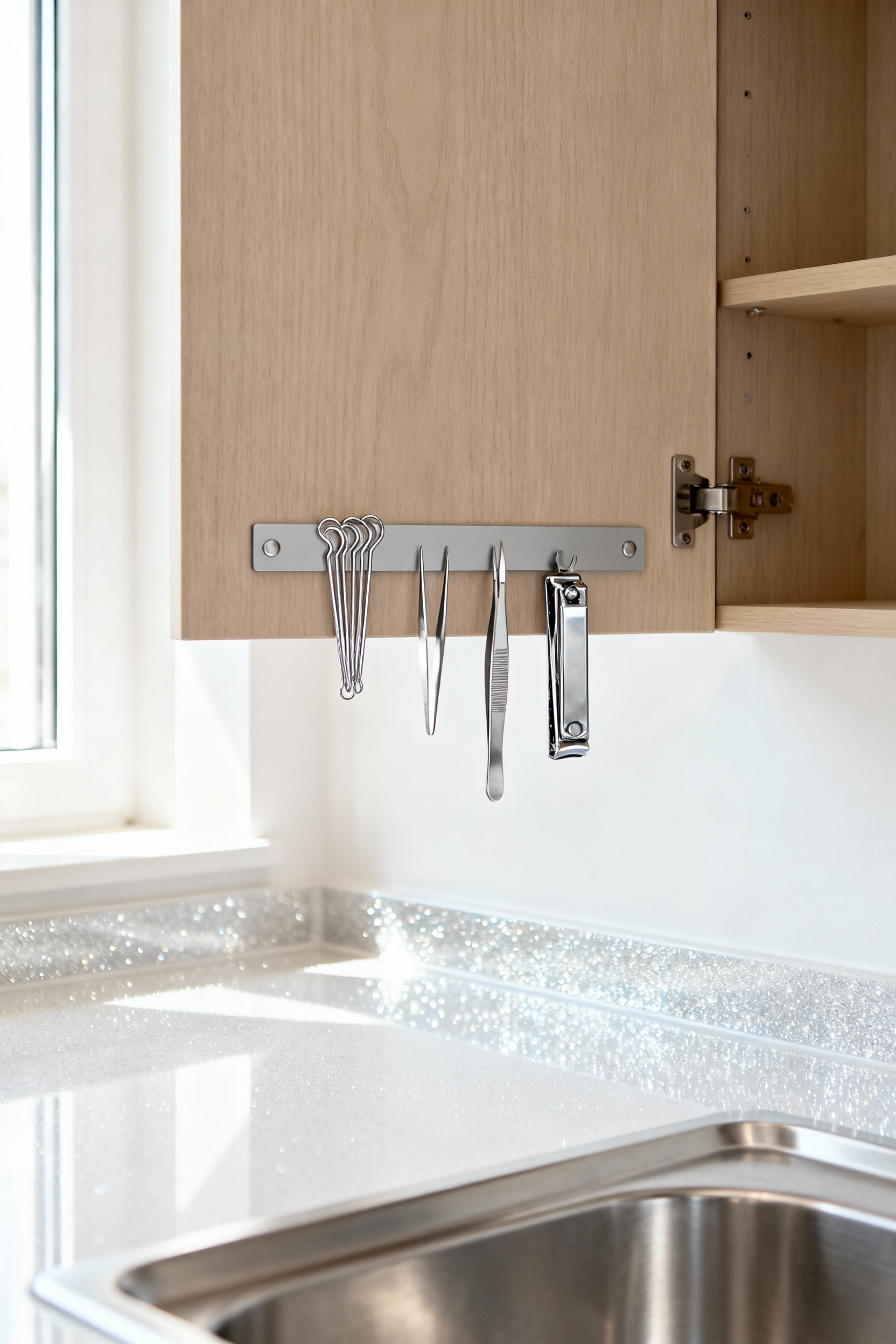 A magnetic strip mounted in a modern, light-colored bathroom, holding hairpins, tweezers, and a nail clipper, showing a clear, decluttered counter.