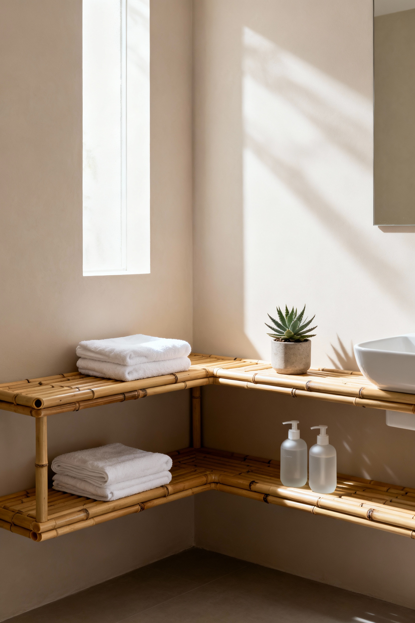 Modern L-shaped bamboo shelving unit in a small bathroom corner, displaying neatly folded towels and toiletries.