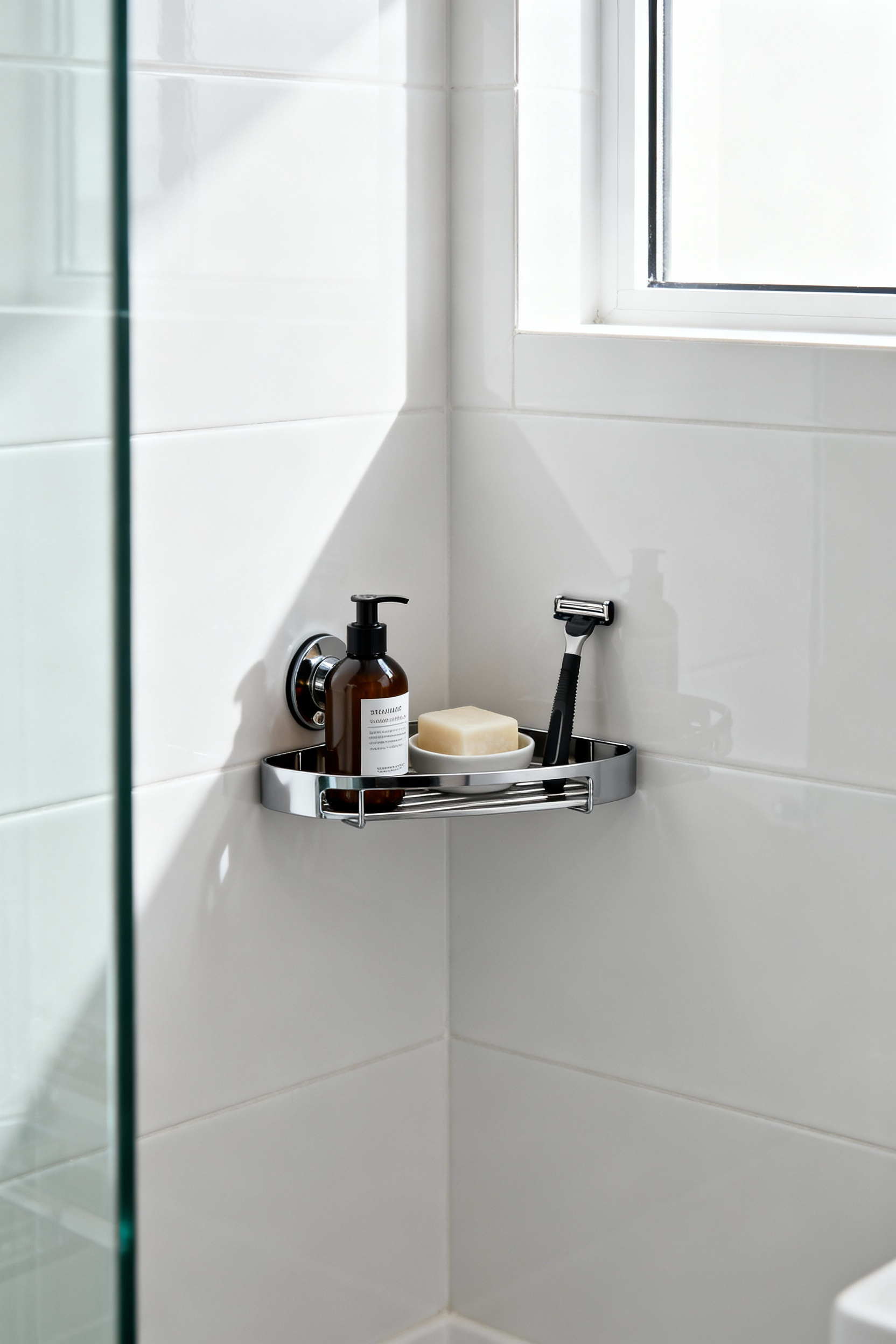 Suction cup organizer neatly mounted on a tiled shower wall, holding shampoo and body wash bottles in a small bathroom.