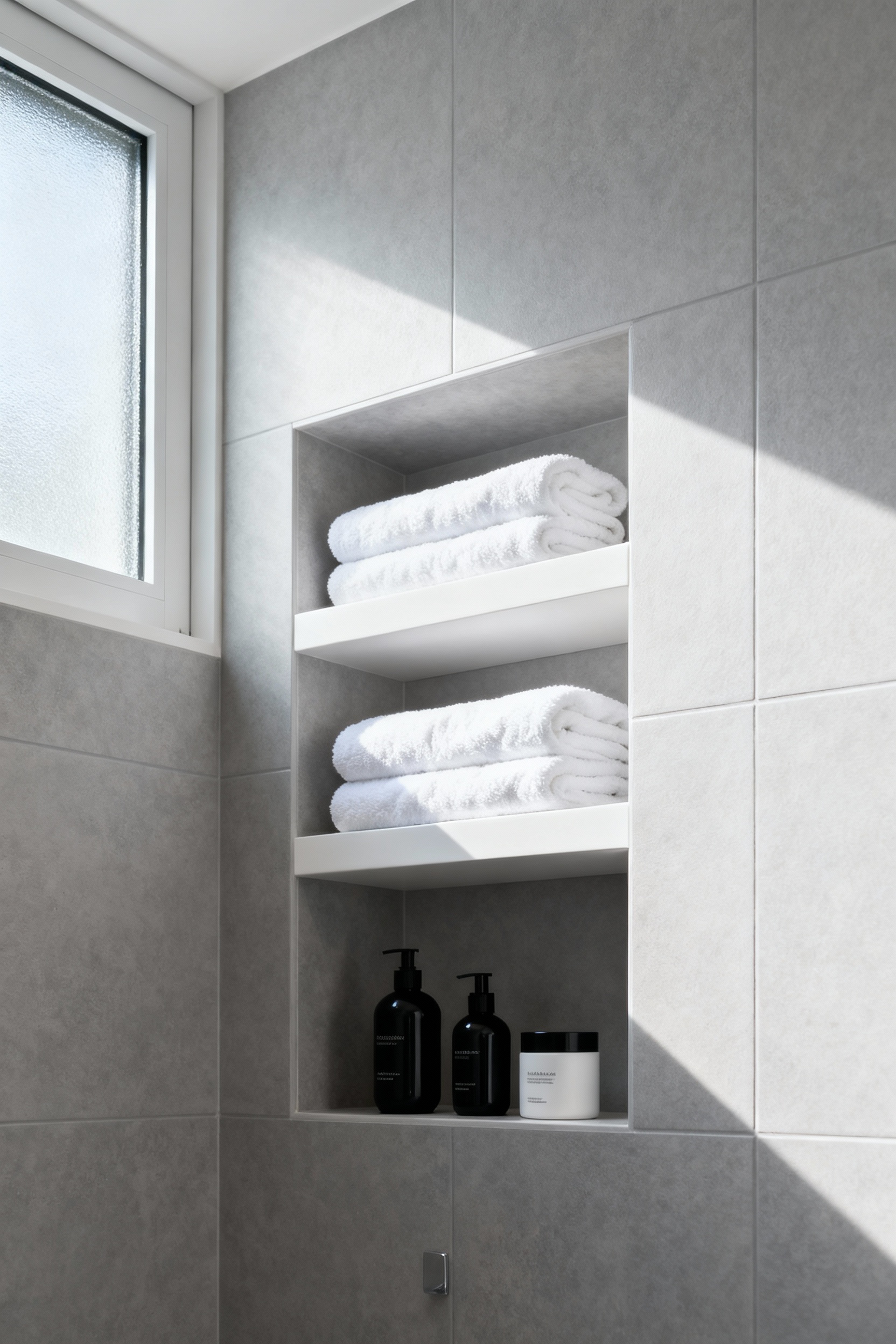 A sleek, custom built-in shower niche with white shelves against a grey tiled wall, holding neatly folded white towels and minimalist toiletries, demonstrating integrated bathroom storage in a small space.