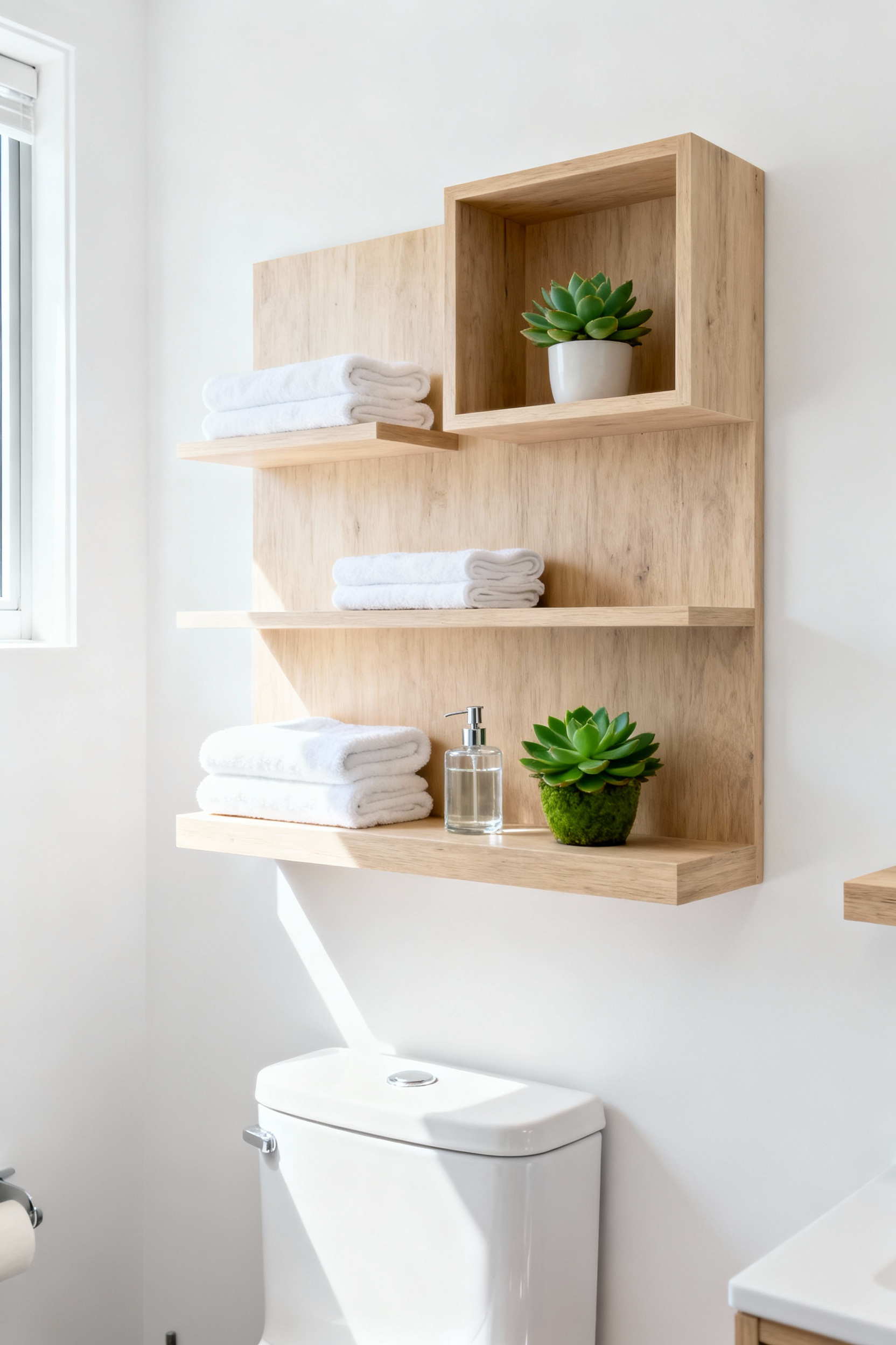 Wall-mounted storage cubbies and floating ledges in a small, modern bathroom, showing neatly organized toiletries and towels, optimizing vertical space.