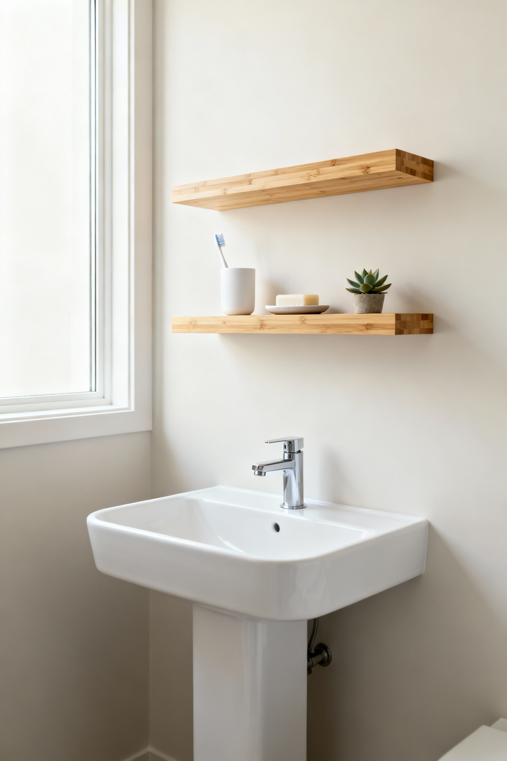 Modern small bathroom with two floating natural bamboo shelves above a white pedestal sink, countertop clear, and essentials neatly organized, highlighting visual spaciousness.