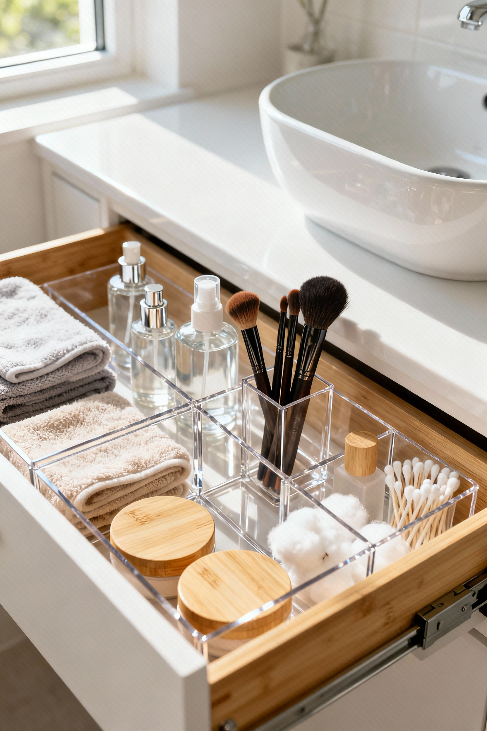 A beautifully organized bathroom vanity drawer filled with clear acrylic and bamboo organizers, sorting toiletries, makeup, and essentials, showcasing effective bathroom storage solutions for small spaces.