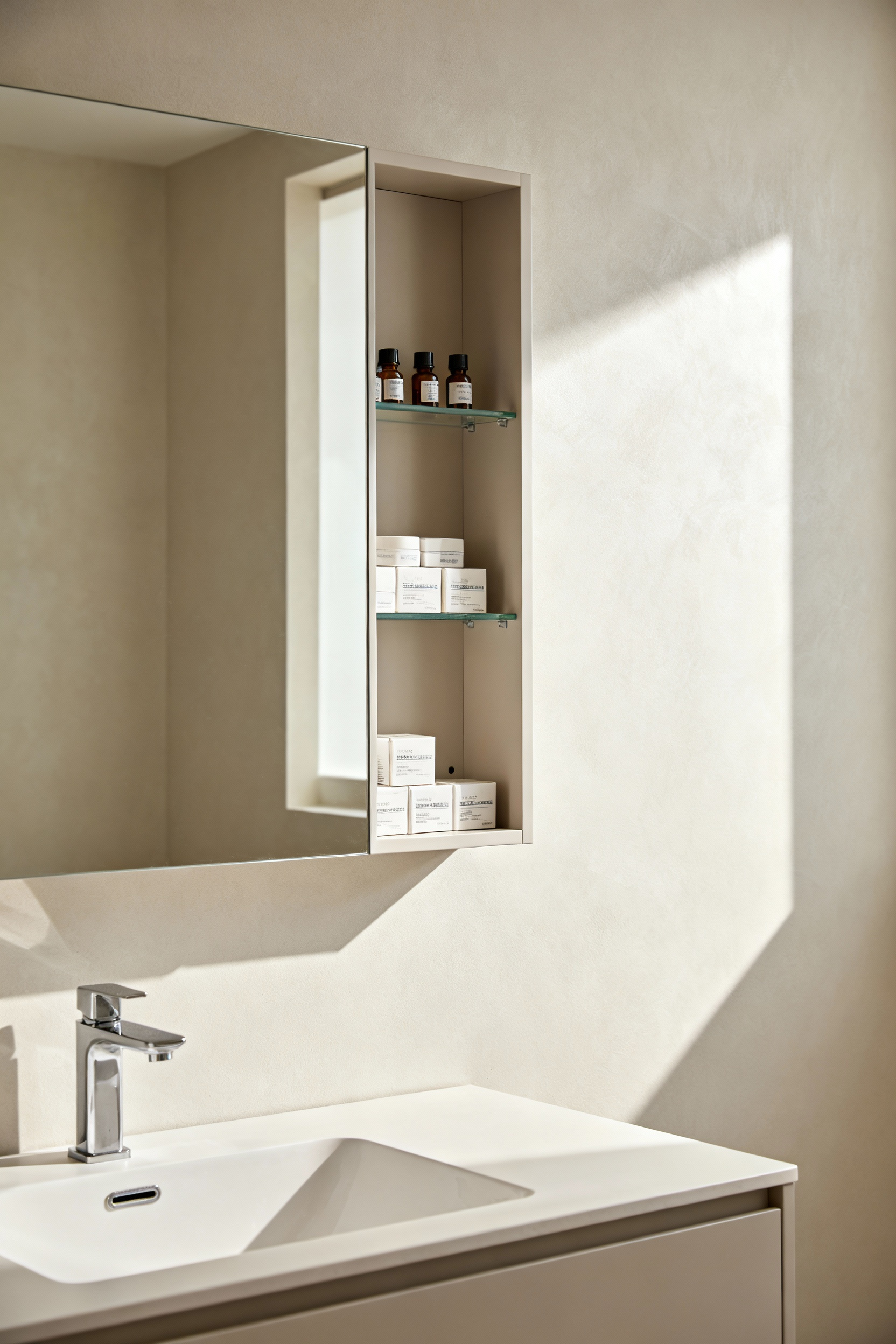 A sleek, white recessed medicine cabinet seamlessly integrated into a light-colored bathroom wall, slightly open to reveal neatly organized toiletries on adjustable shelves, maximizing <a href=