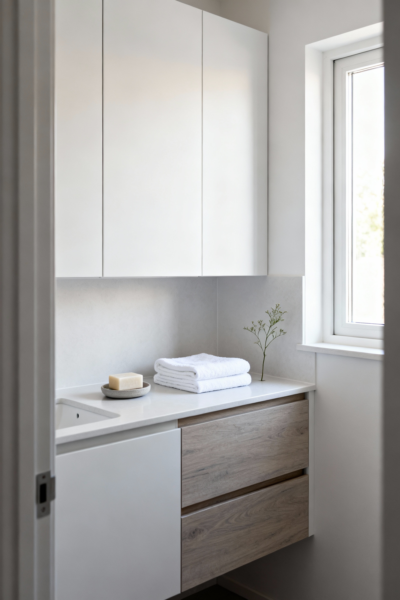 A bright, minimalist small bathroom vanity with a clean white sink, subtle wood accents, and only essential items visible, illustrating effective decluttering for small spaces.