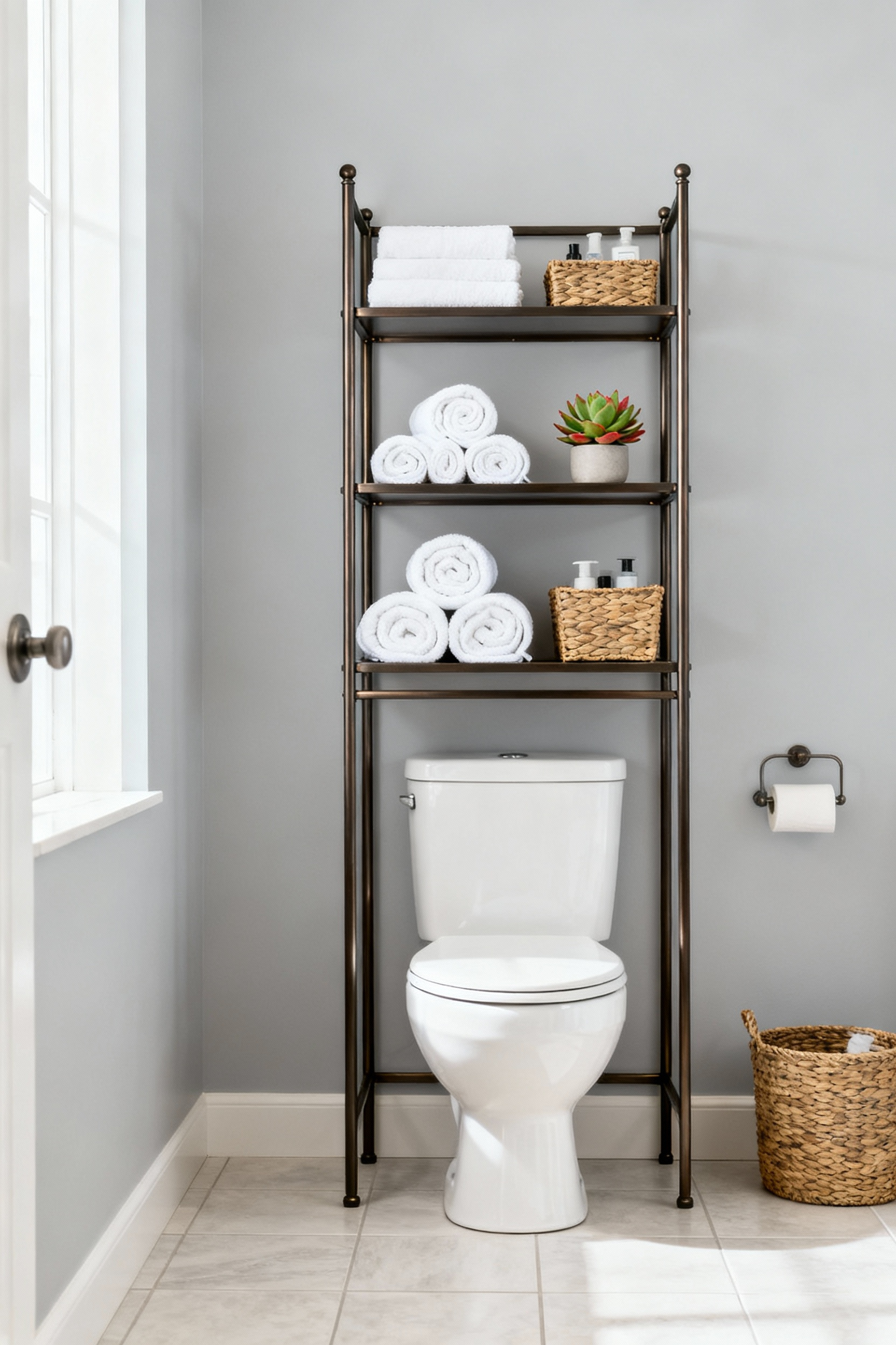 Over-the-toilet shelving unit in a small, modern bathroom, organized with towels and decorative baskets, showcasing vertical storage.