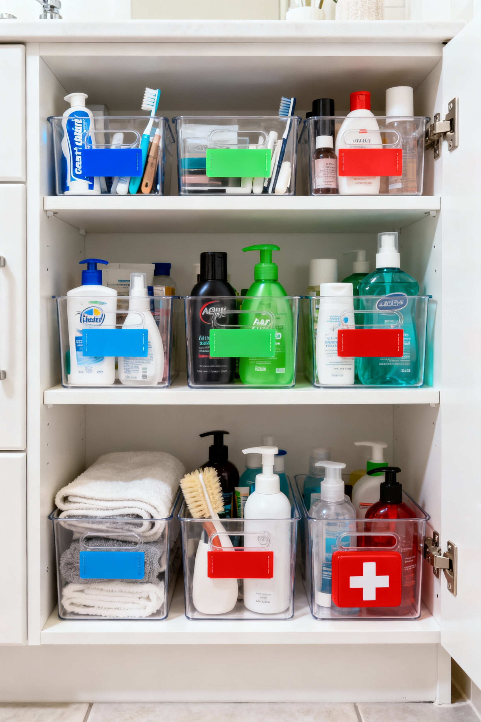 Organized bathroom vanity cabinet interior with clear bins and vibrant color-coded labels, demonstrating a systematic labeling system for various toiletries and personal items.