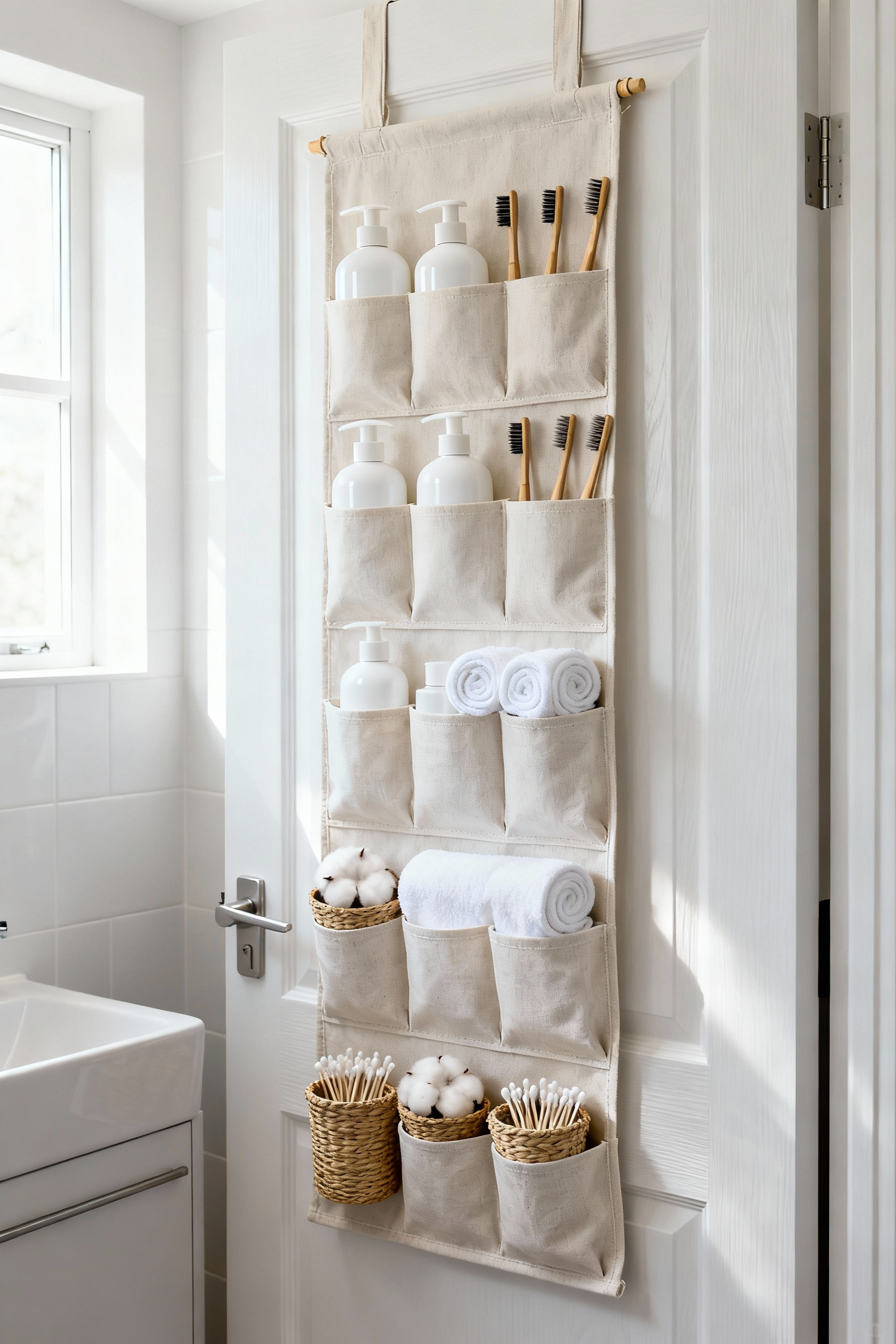 A stylish white over-the-door organizer hanging on a clean wooden bathroom door, filled with neatly arranged toiletries and rolled towels, demonstrating efficient vertical storage in a small bathroom.