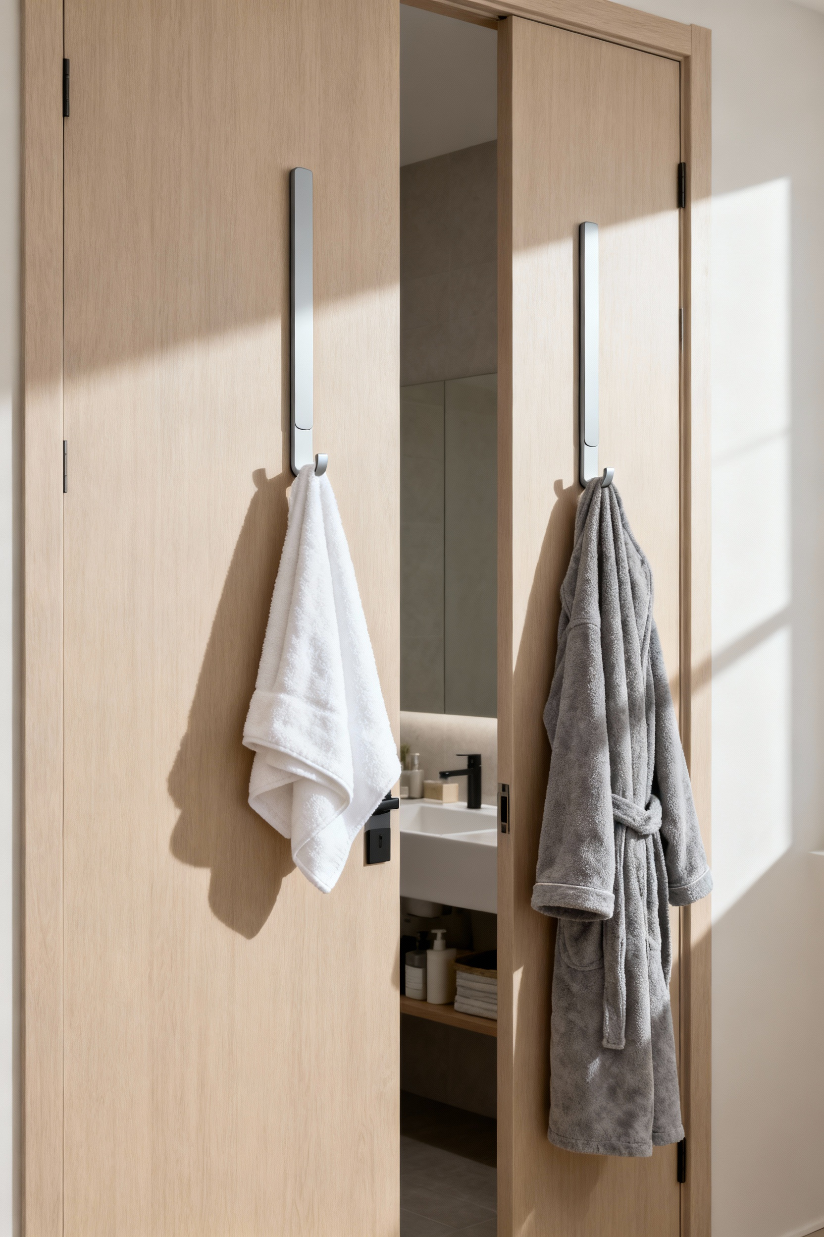 Two moisture-resistant adhesive hooks mounted on the back of a light wooden bathroom door, holding a white bath towel and a gray bathrobe in a clean, minimalist bathroom setting.