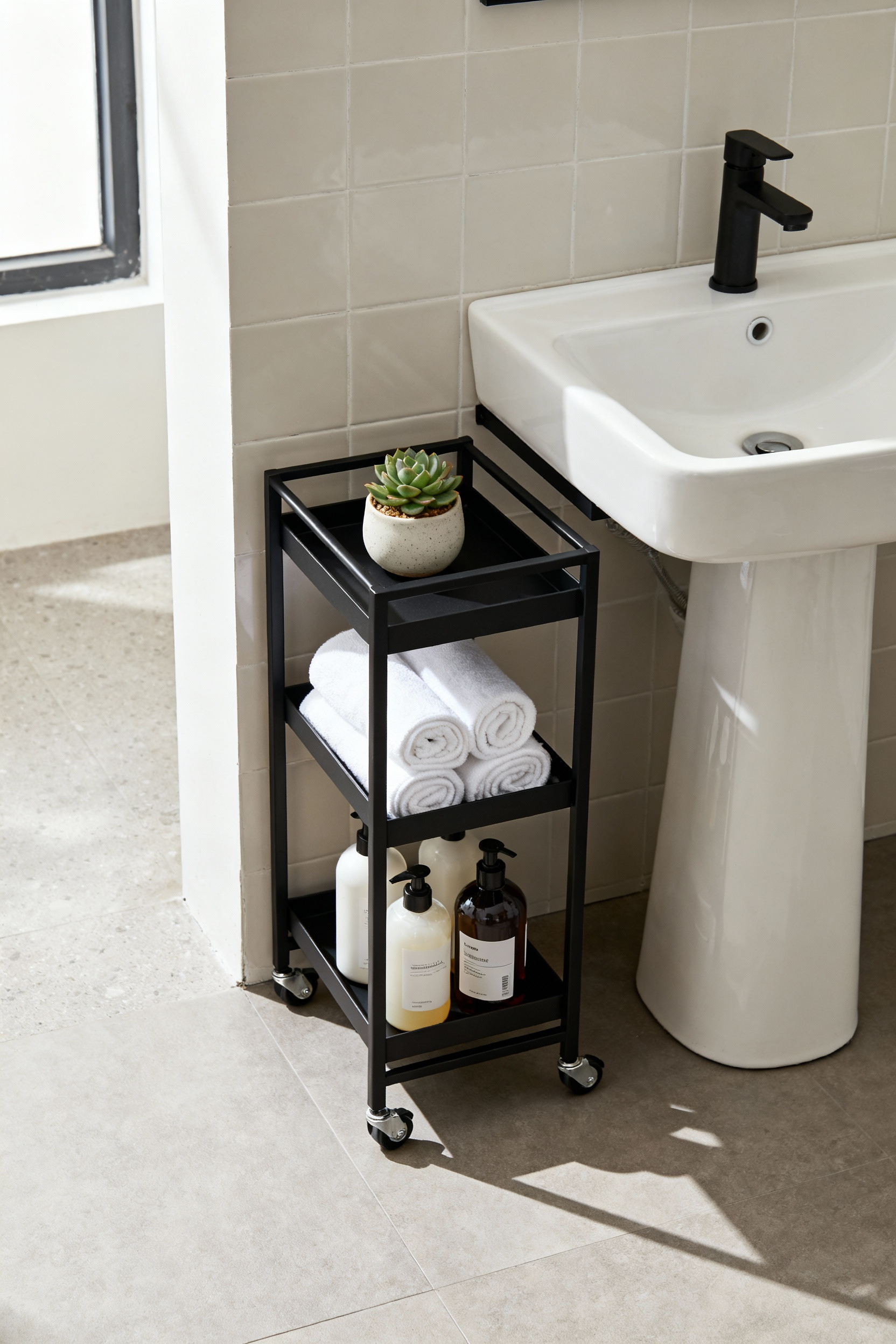 A matte black slim rolling storage cart, neatly holding white towels and bath products, tucked into a narrow space between a modern bathroom vanity and wall.
