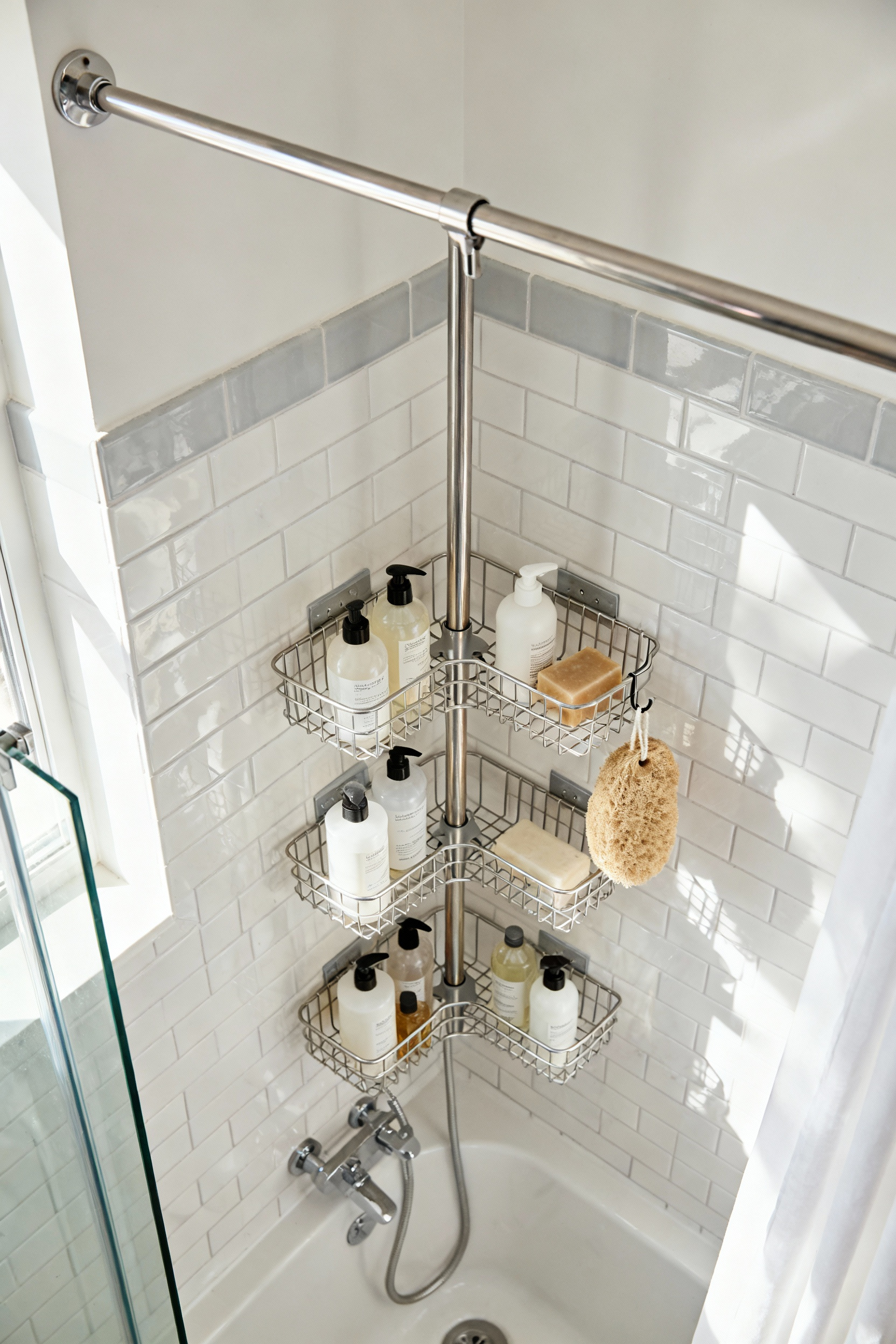Close-up of a modern, rust-proof adjustable tension pole shower caddy installed in a clean, tiled shower, filled with neatly organized shampoo, conditioner, and soap bottles.