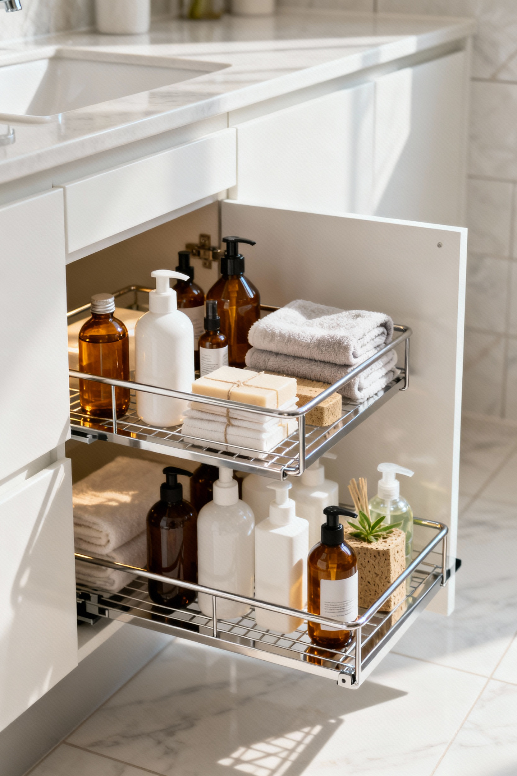 Two-tier chrome under-sink pull-out organizer in a clean bathroom vanity cabinet, filled with neatly arranged toiletries and cleaning supplies. Shows efficient small bathroom storage.
