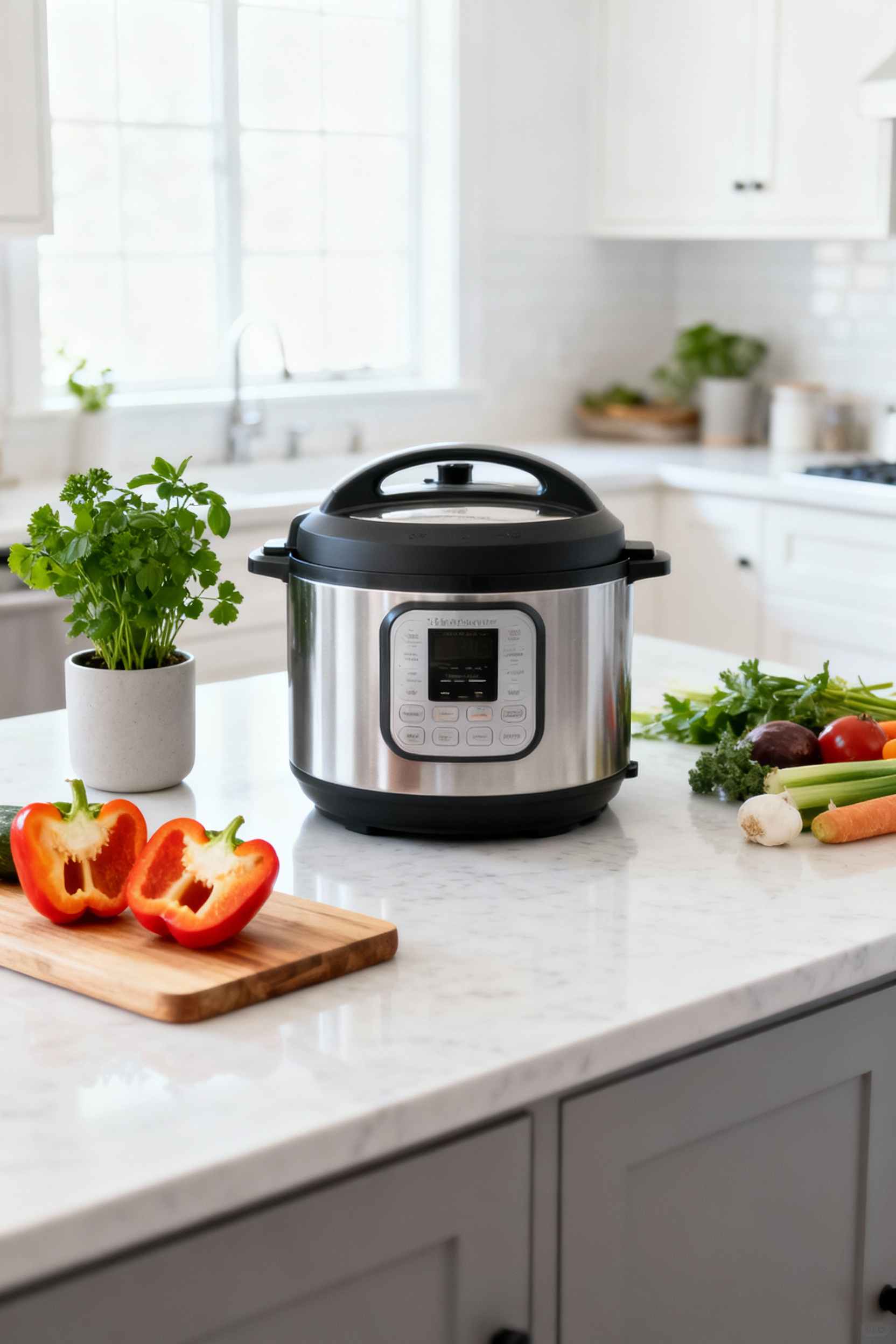 A clean and minimalist small kitchen counter featuring a single, sleek silver multi-cooker surrounded by fresh herbs and vegetables on a wooden cutting board, illustrating efficient space utilization.