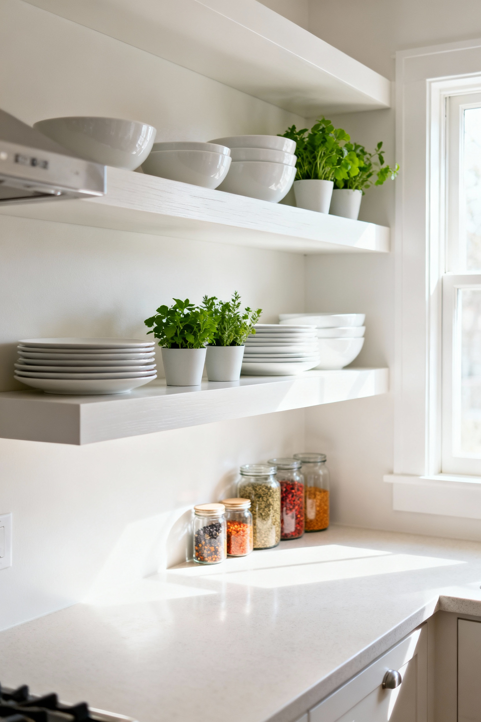 A small, bright kitchen with white floating open shelves displaying curated white ceramic dinnerware, green potted herbs, and glass spice jars. The image conveys an airy and spacious feel.
