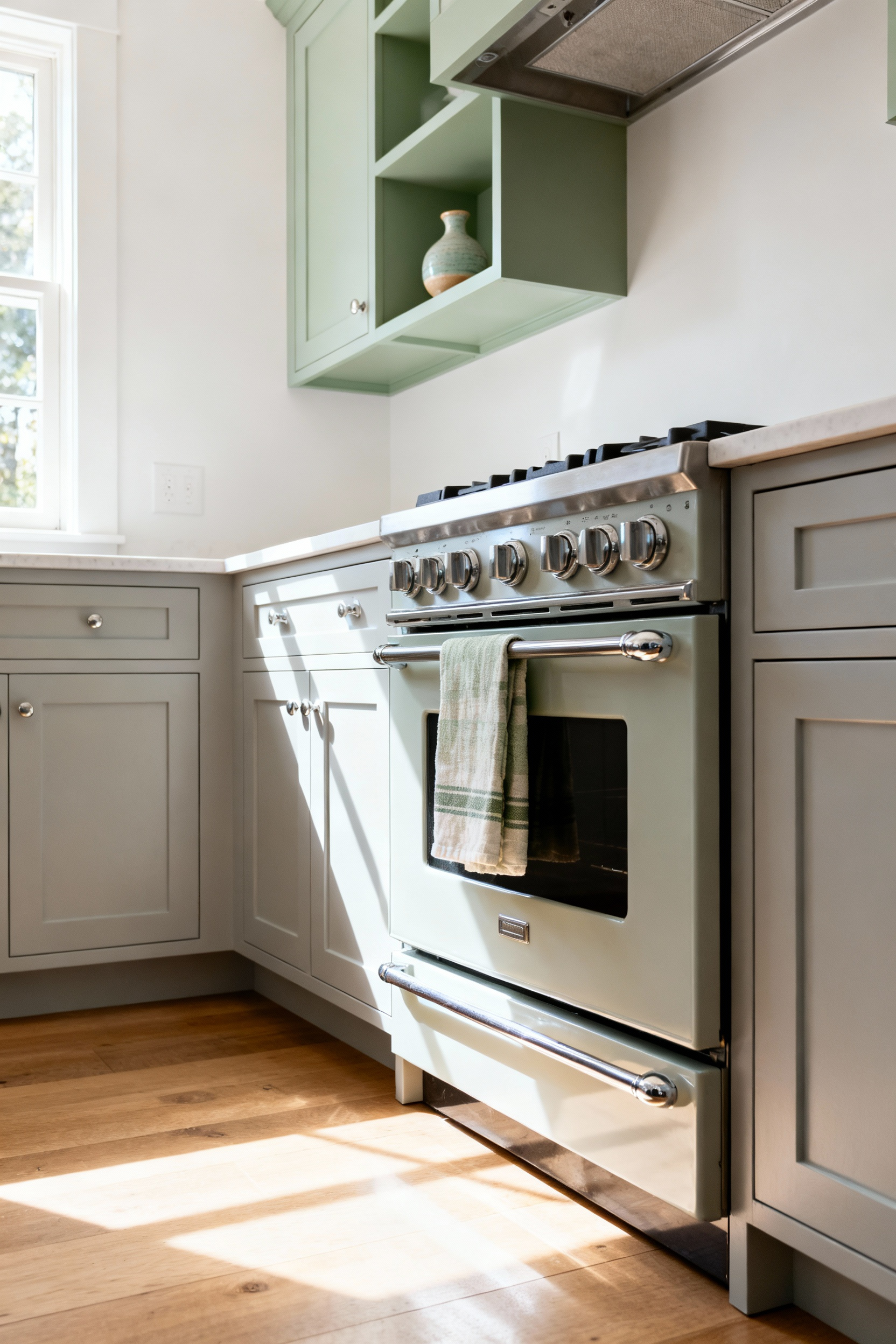 A bright, serene small kitchen featuring an off-white and light gray cohesive color palette with subtle sage green accents, creating visual unity and an expansive feel.