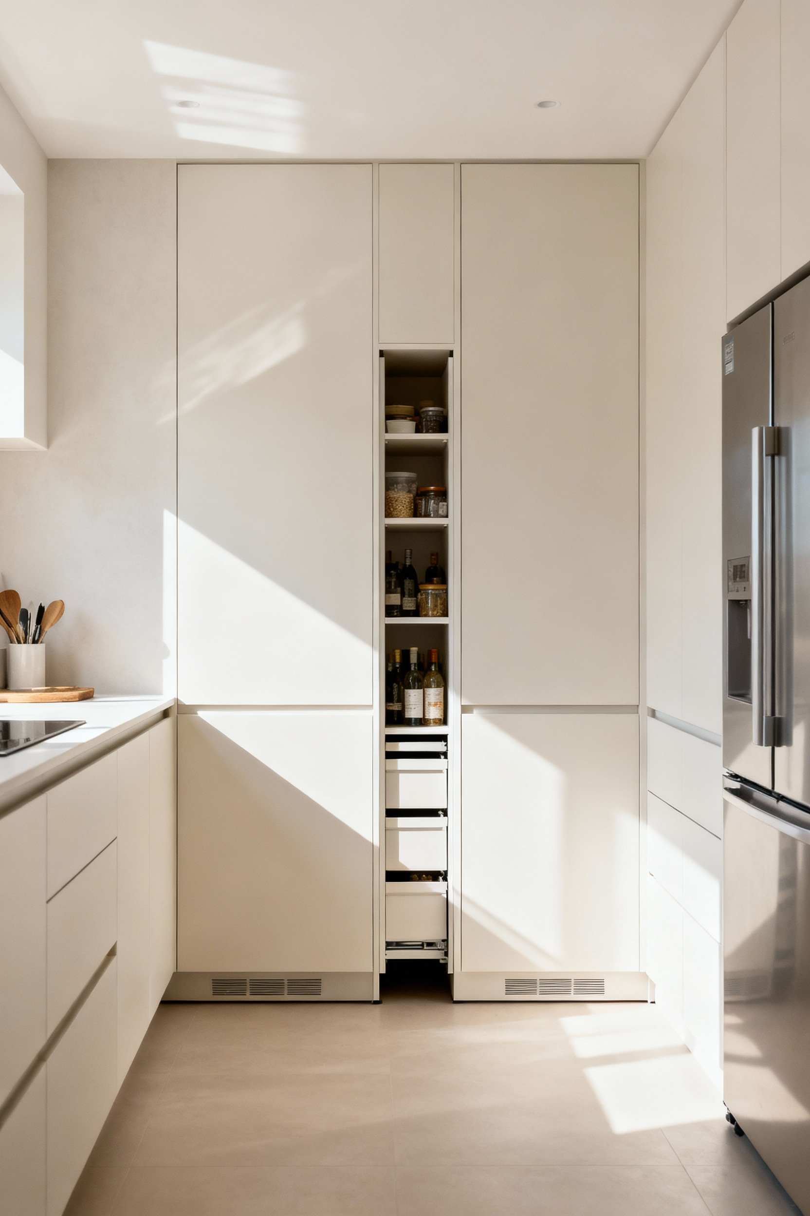 Small kitchen with a discreet, custom-built pull-out pantry integrated beside the refrigerator, demonstrating hidden custom storage for spices and canned goods in a light, modern setting.