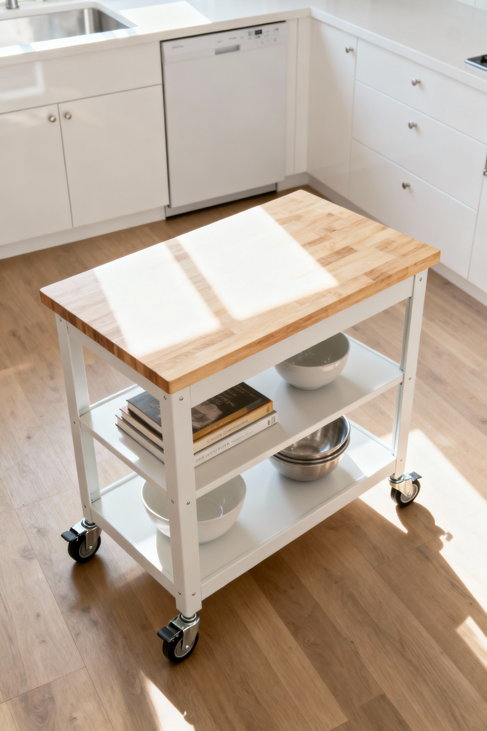 Small kitchen interior with a portable butcher block kitchen island providing extra counter space and open shelving for storage.