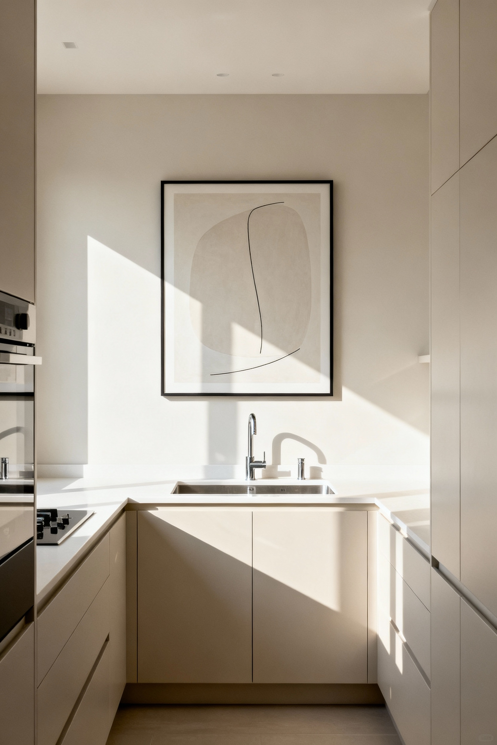 Modern small kitchen featuring a large, minimalist abstract painting on the wall above the sink, serving as a smart focal point without adding bulk. The artwork has a light color palette and a subtle reflective surface, enhancing the perceived space and brightness.
