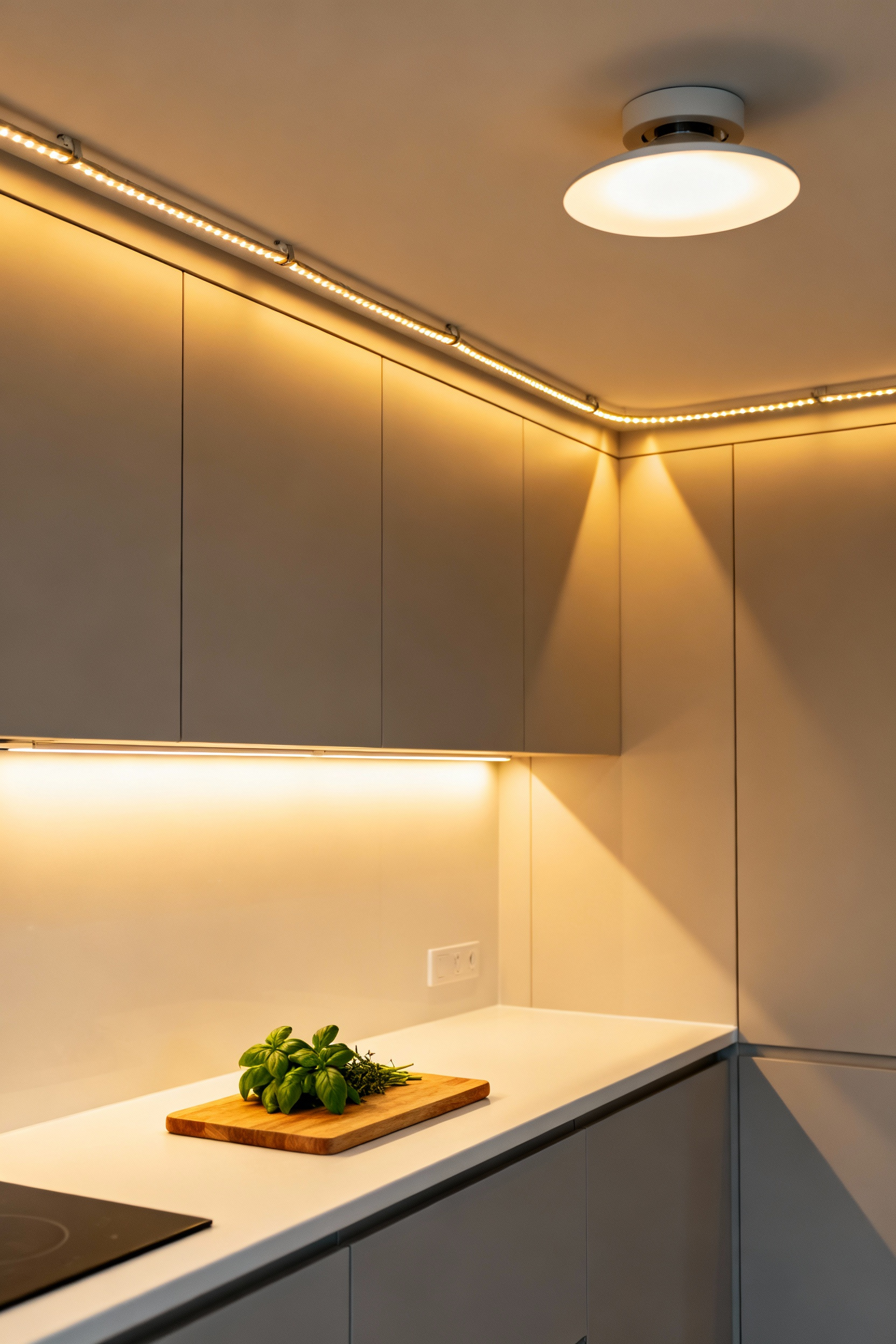 A professional photo of a small kitchen showcasing effective layered lighting, with bright under-cabinet task lights and soft overhead ambient lighting. No people are visible.