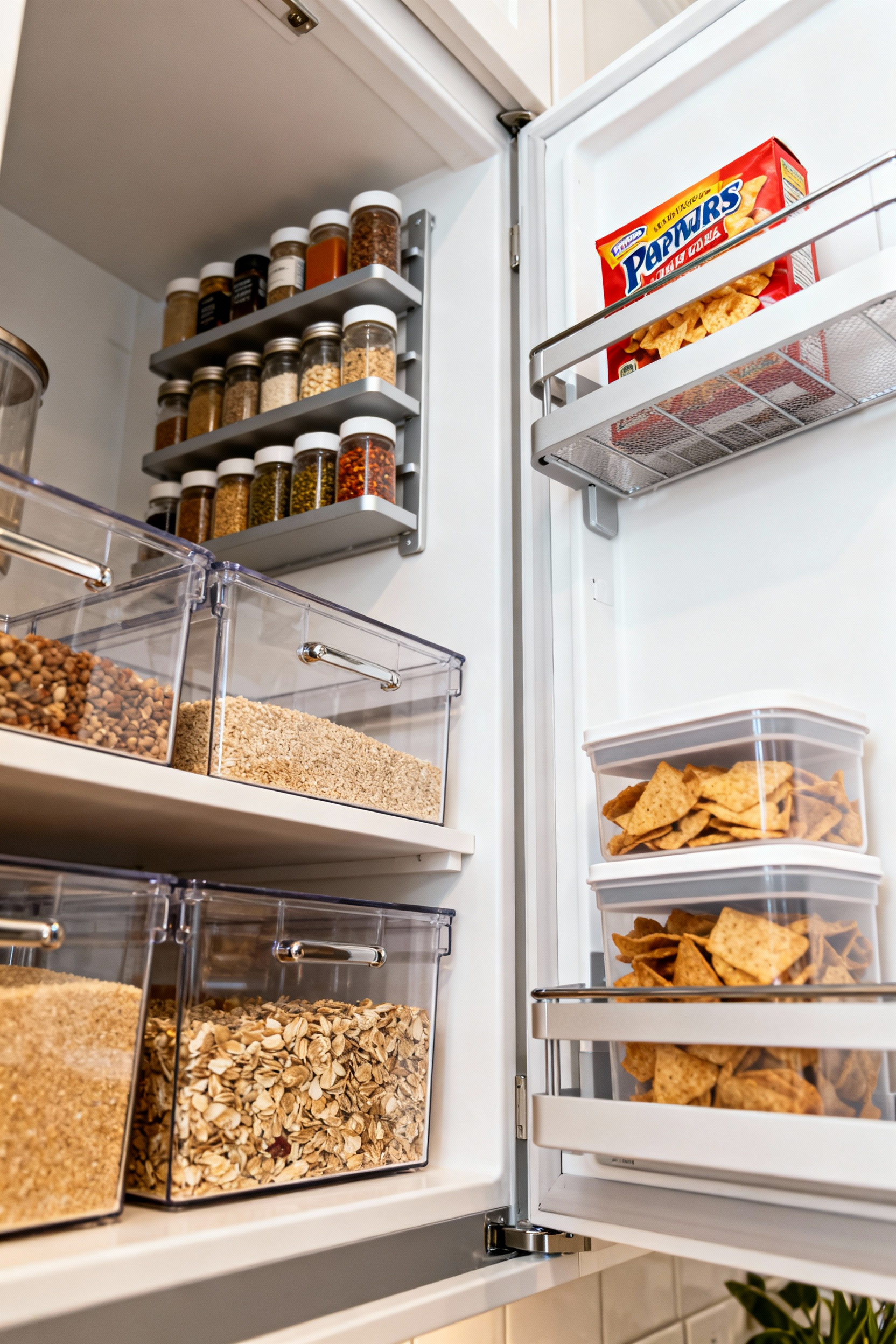Interior view of a meticulously organized small kitchen pantry cabinet with smart pull-out drawers, tiered spice rack on the door, and stackable clear bins for optimal storage and accessibility.