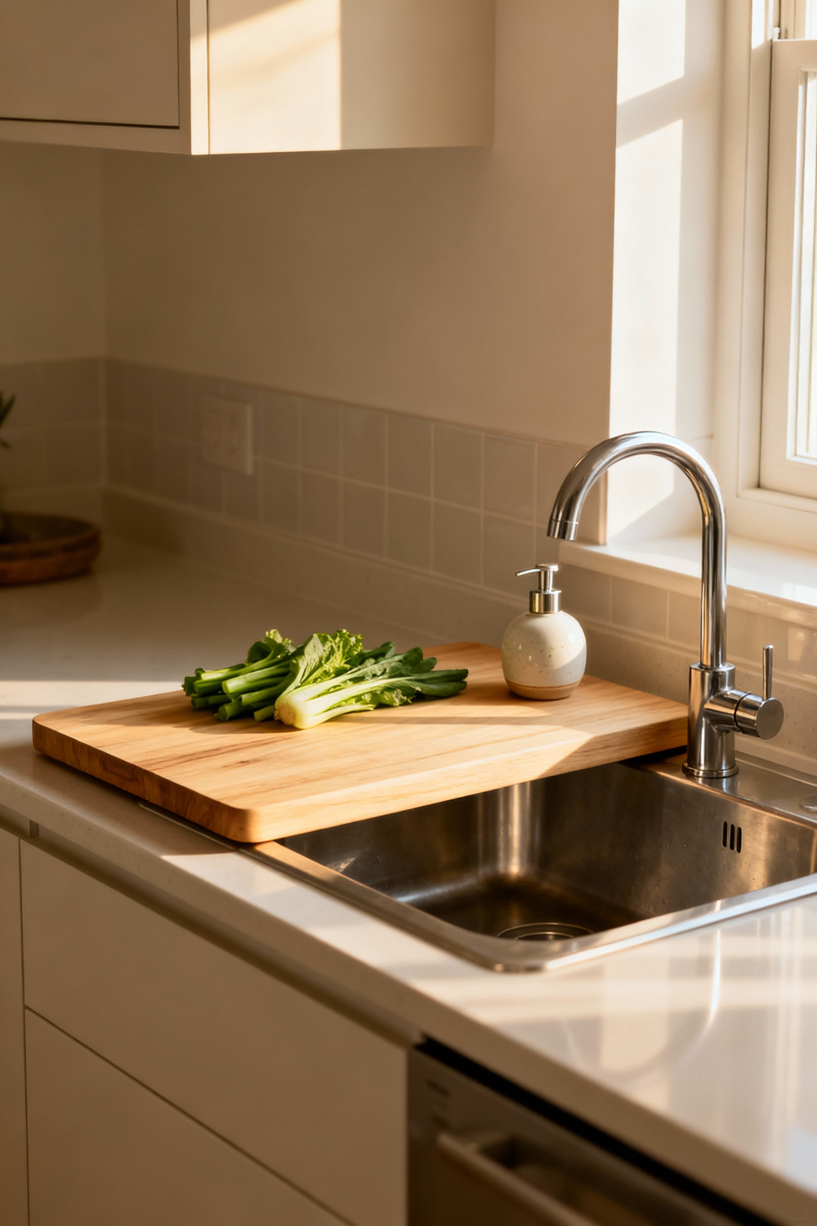 Small kitchen with an over-the-sink cutting board positioned over a stainless steel sink, expanding counter space for meal preparation. Features fresh green vegetables on the board and a modern soap dispenser.