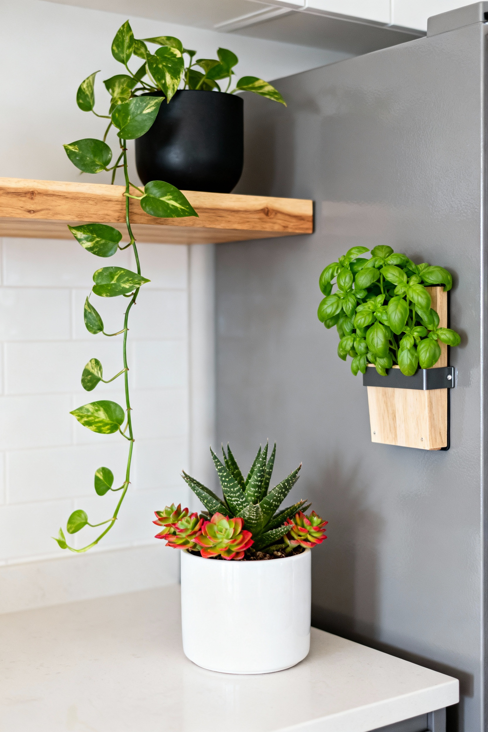 Small modern kitchen interior showcasing space-saving plants. A vibrant succulent on the countertop, a trailing Pothos on a floating shelf, and a magnetic wall planter with basil add freshness and life without cluttering the small kitchen space.