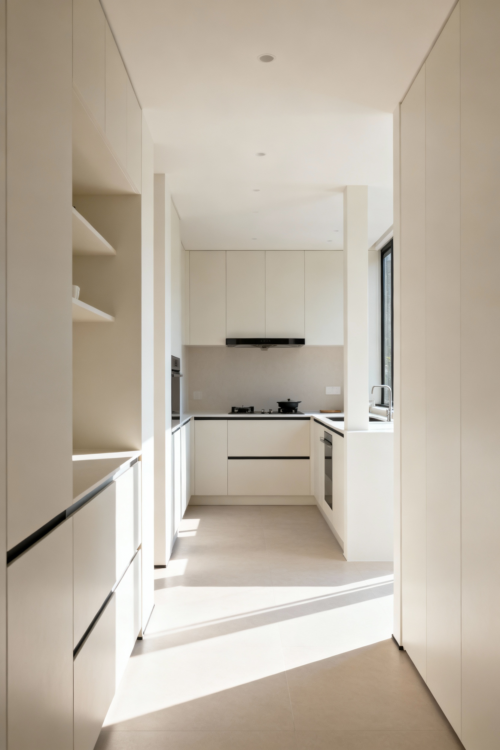 A clear and optimized small kitchen showing defined walkways and functional zones for improved traffic flow and efficiency, with natural light.