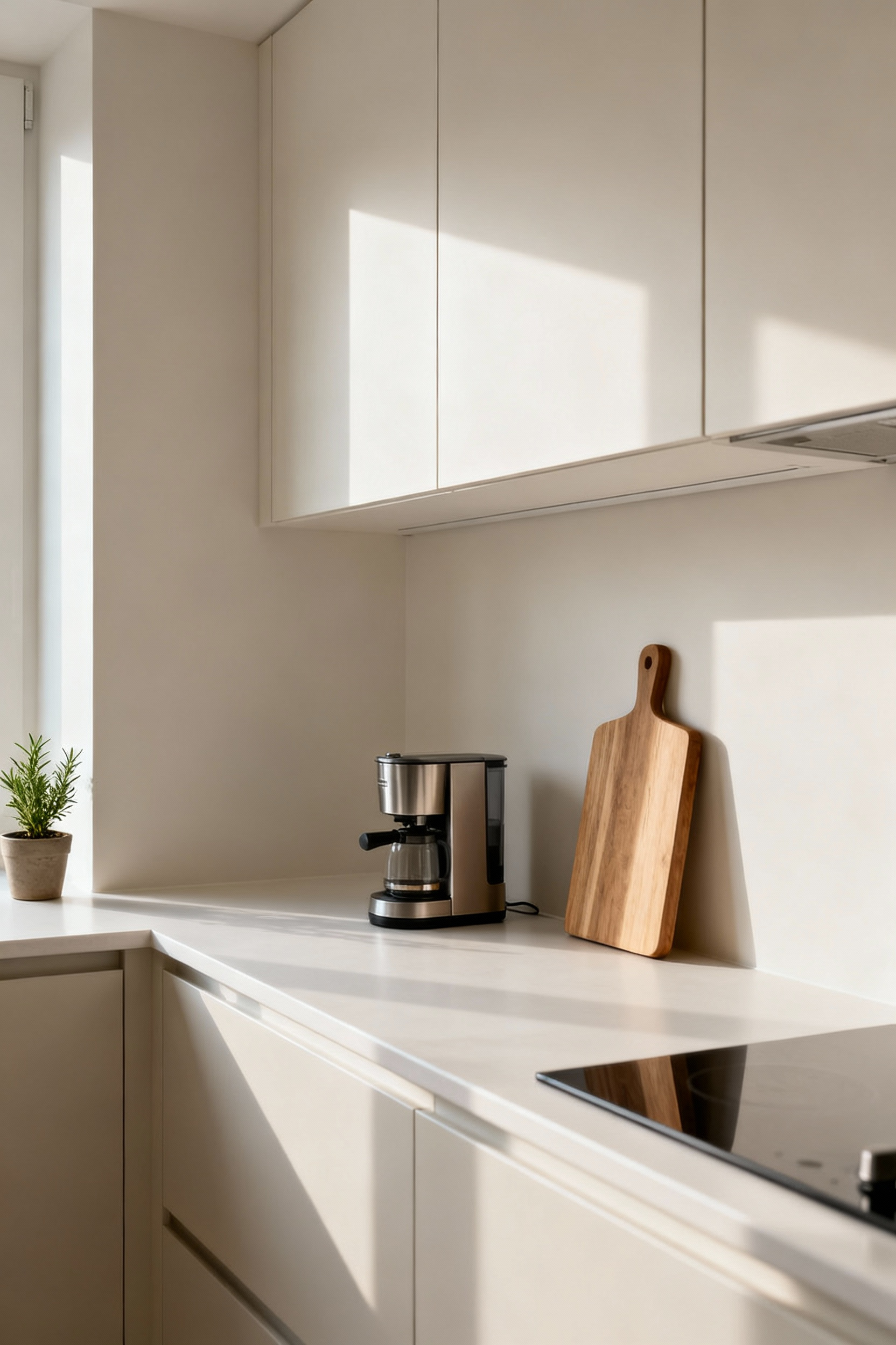 A pristine, minimalist small kitchen featuring a light color palette, clean countertops, and only a few essential, stylish items thoughtfully placed, emphasizing a calm and spacious aesthetic achieved through decluttering.