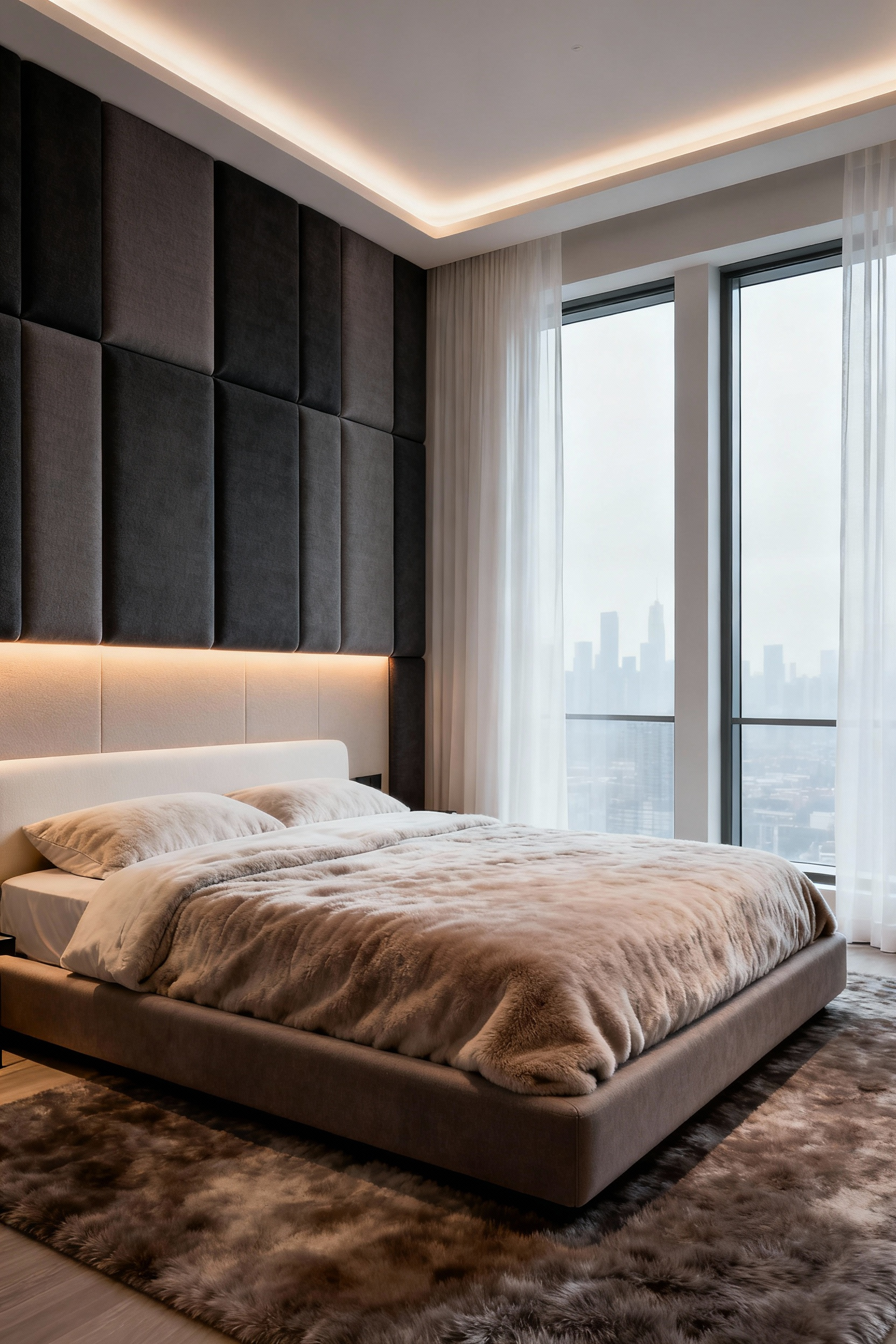 Luxurious, silent bedroom featuring seamless acoustic wall paneling and plush bedding, embodying the ultimate investment in wellness through sound control.