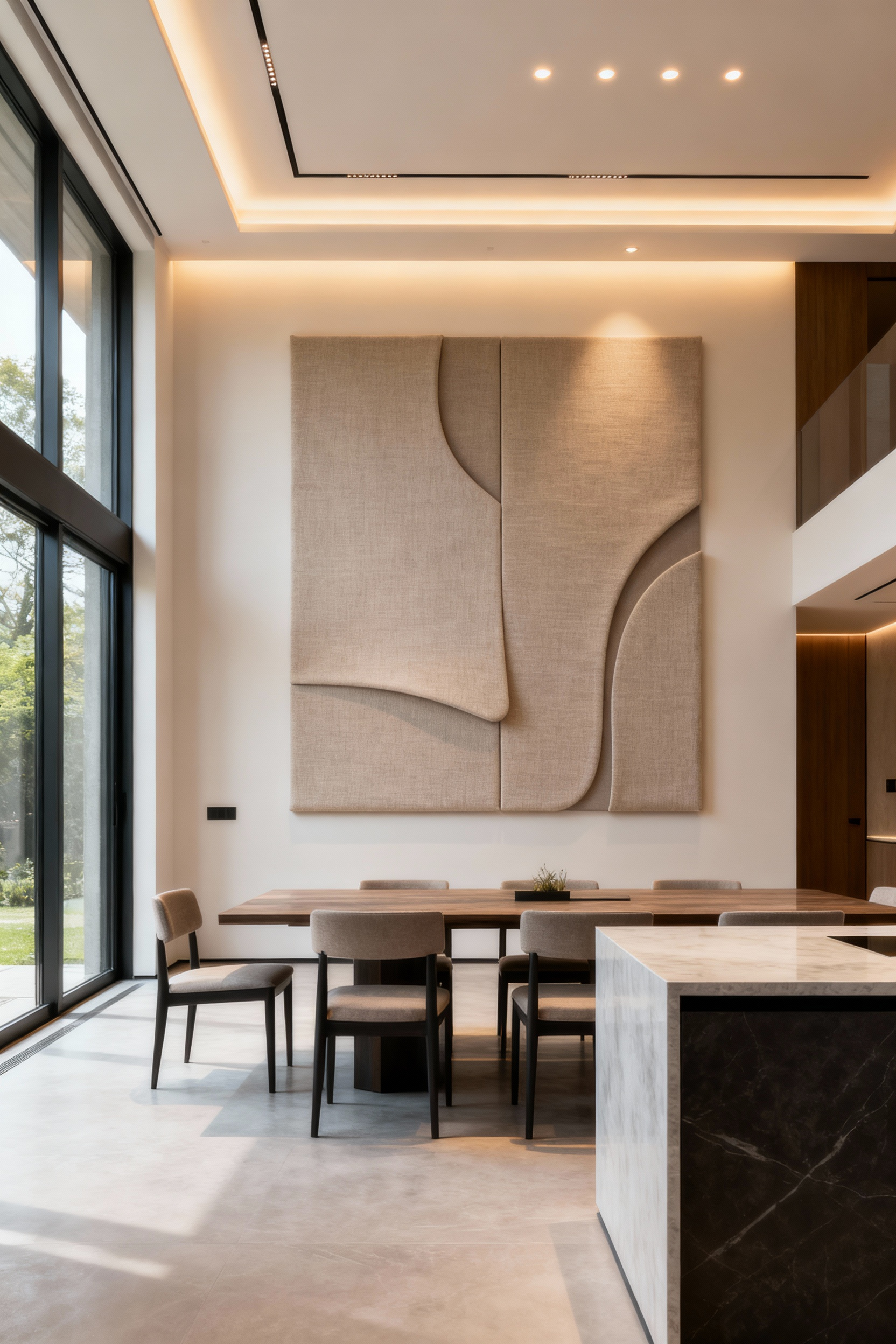 Modern dining room featuring large, fabric-wrapped acoustic panels integrated into the wall design, enhancing sound comfort and aesthetics. Minimalist furniture and soft lighting create a serene atmosphere.