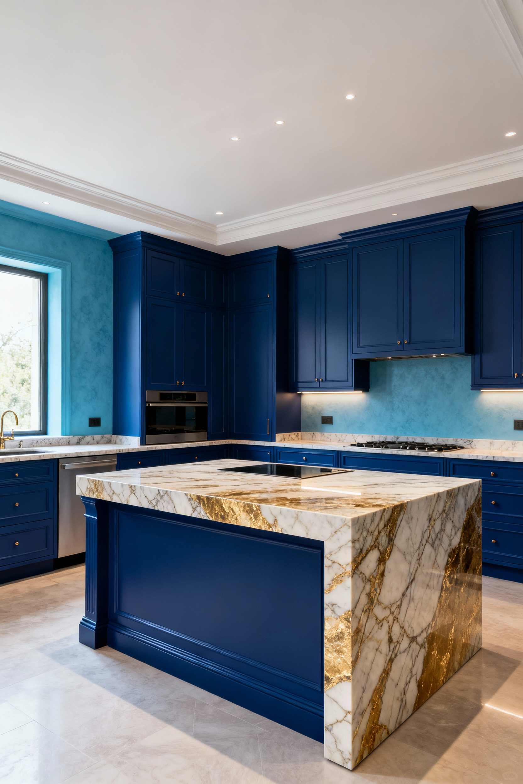 A luxurious kitchen featuring full-height indigo blue custom cabinetry and a Calacatta Gold marble island, showcasing blue as a foundational architectural element.