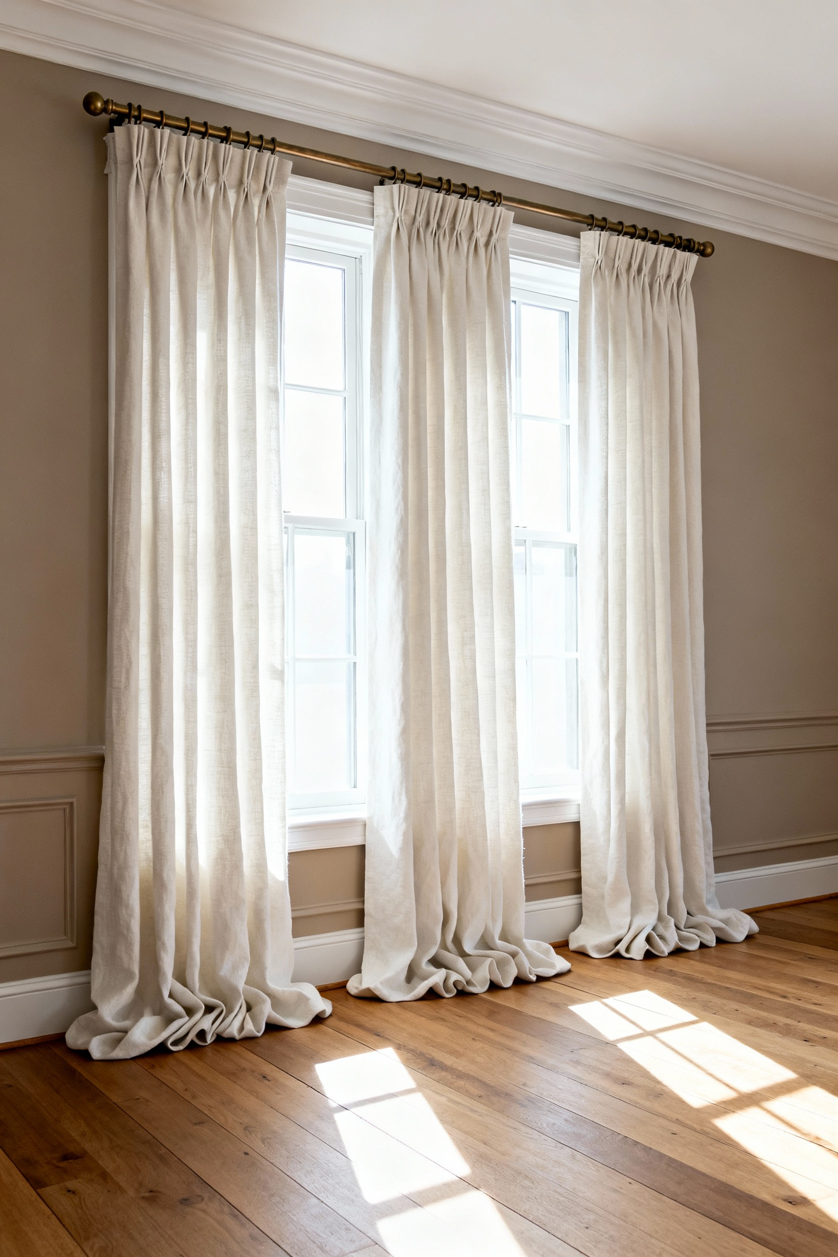 Luxurious living room showcasing architectural window treatments with heavy, high-mounted drapery panels, demonstrating the 'High and Wide' technique to maximize perceived ceiling height and light.