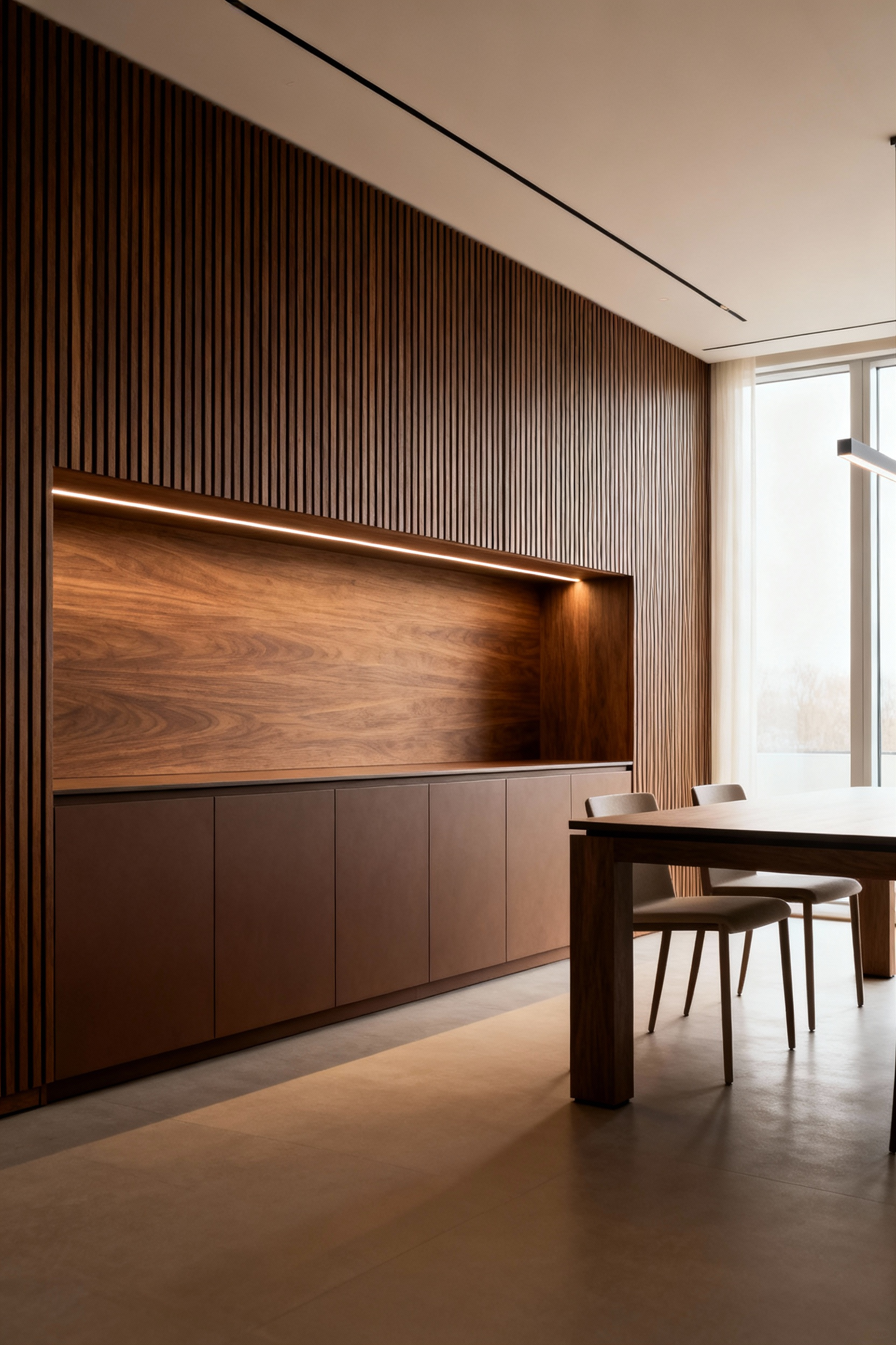Modern dining room featuring a sleek, rift-sawn walnut architectural millwork wall with integrated low buffet, subtly defining the dining zone.