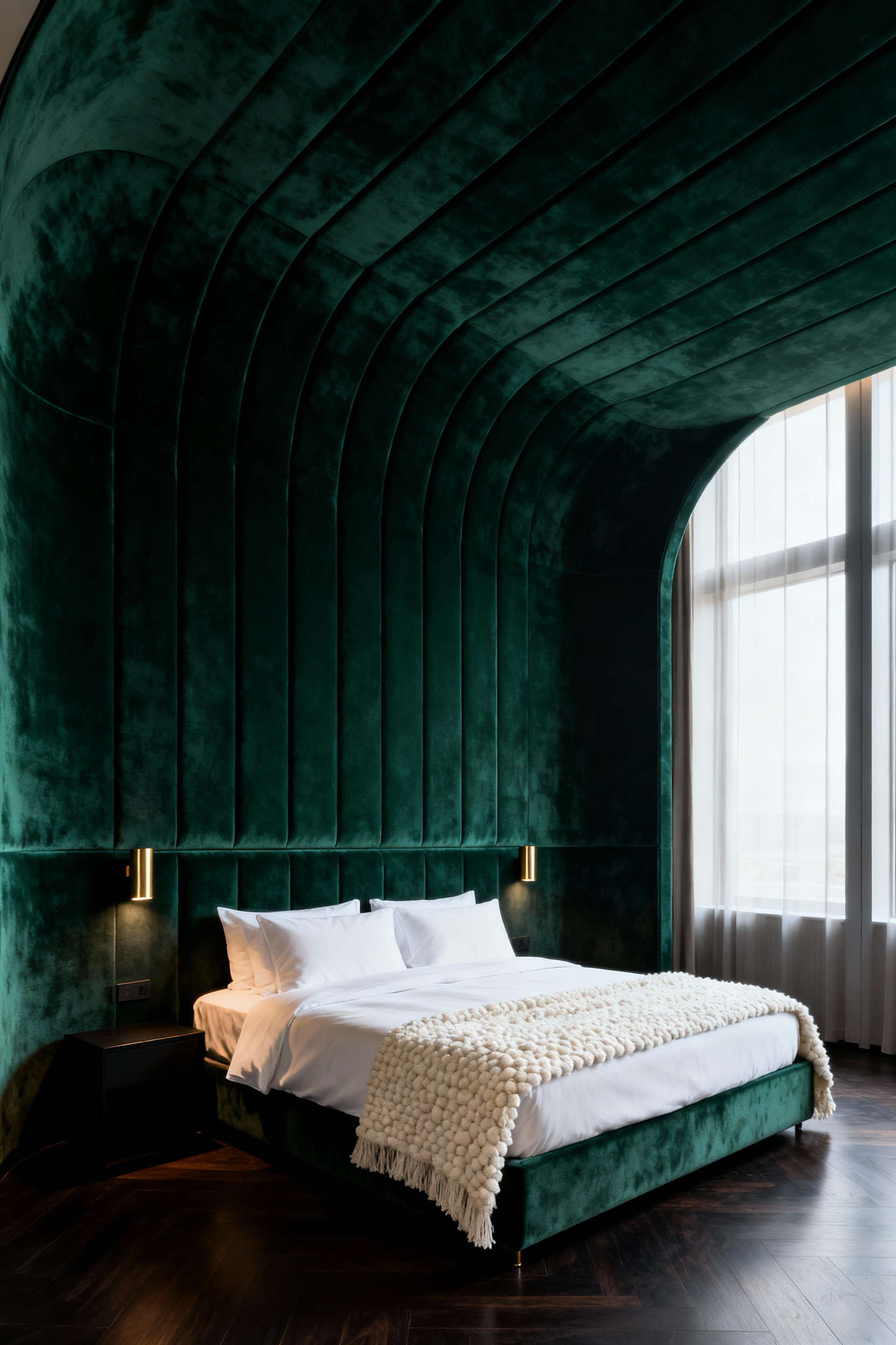 High-end luxury bedroom featuring a massive, architectural, wall-to-ceiling headboard upholstered in deep forest green velvet, establishing a dramatic visual anchor for the room.