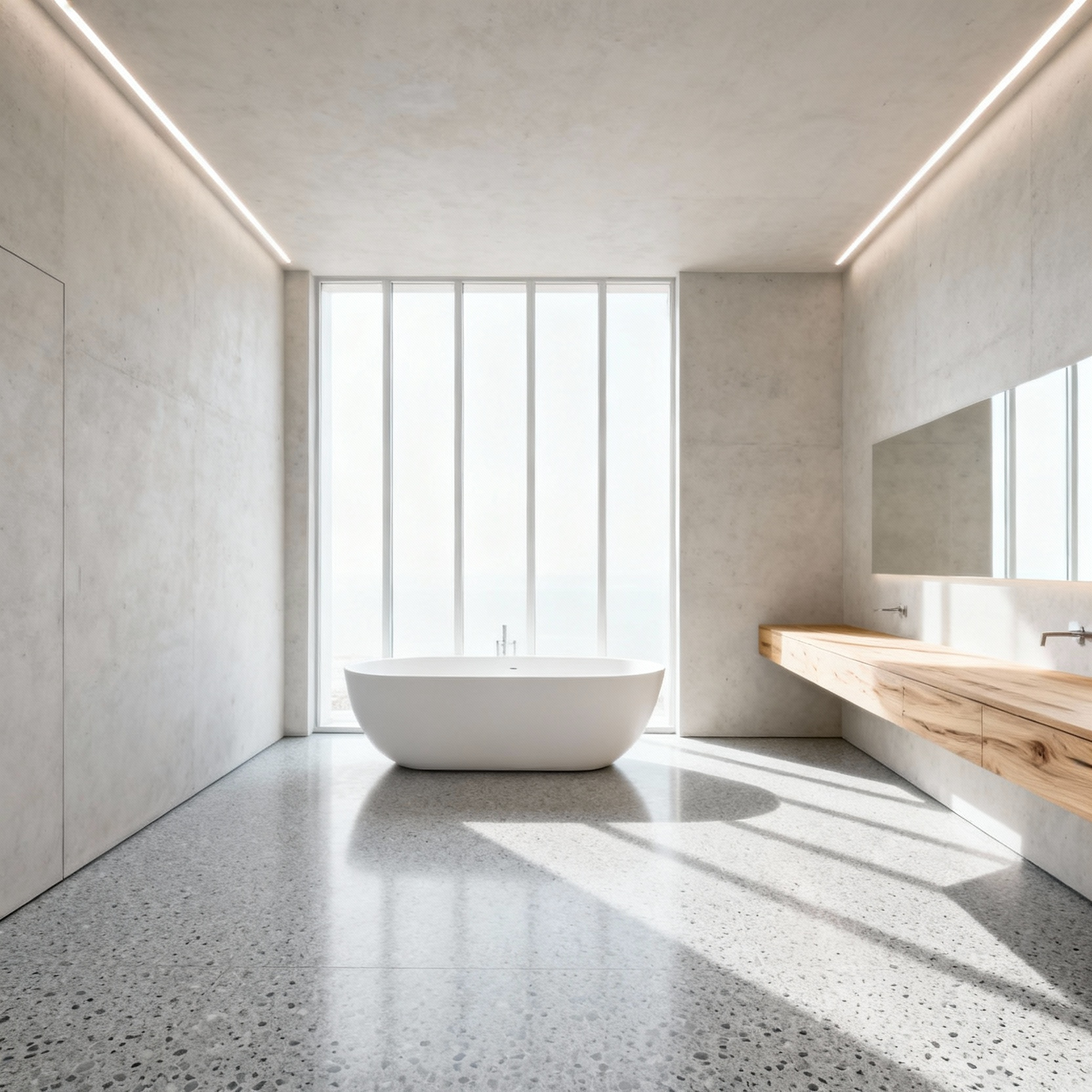 A wide-angle view of a minimalist modern architectural bathroom sanctuary featuring a freestanding tub, polished concrete walls, and large windows emphasizing structural spatial logic and calm.