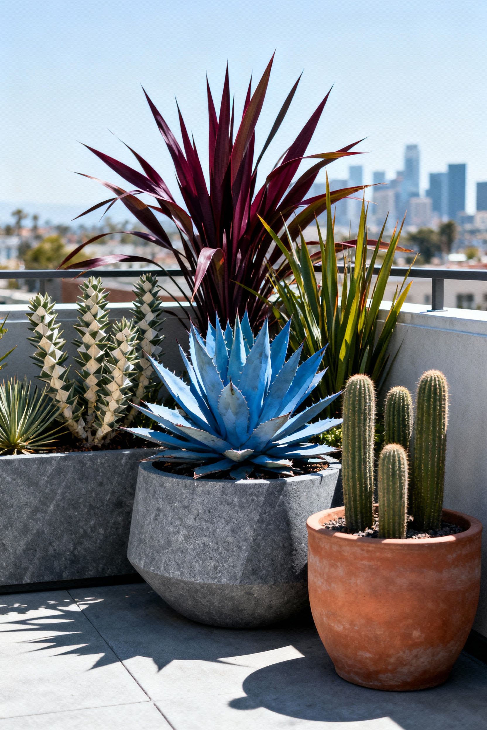 A stylish urban balcony featuring large planters filled with architectural xeriscaping plants like Agave, Yucca, and Phormium, thriving in minimal water conditions.