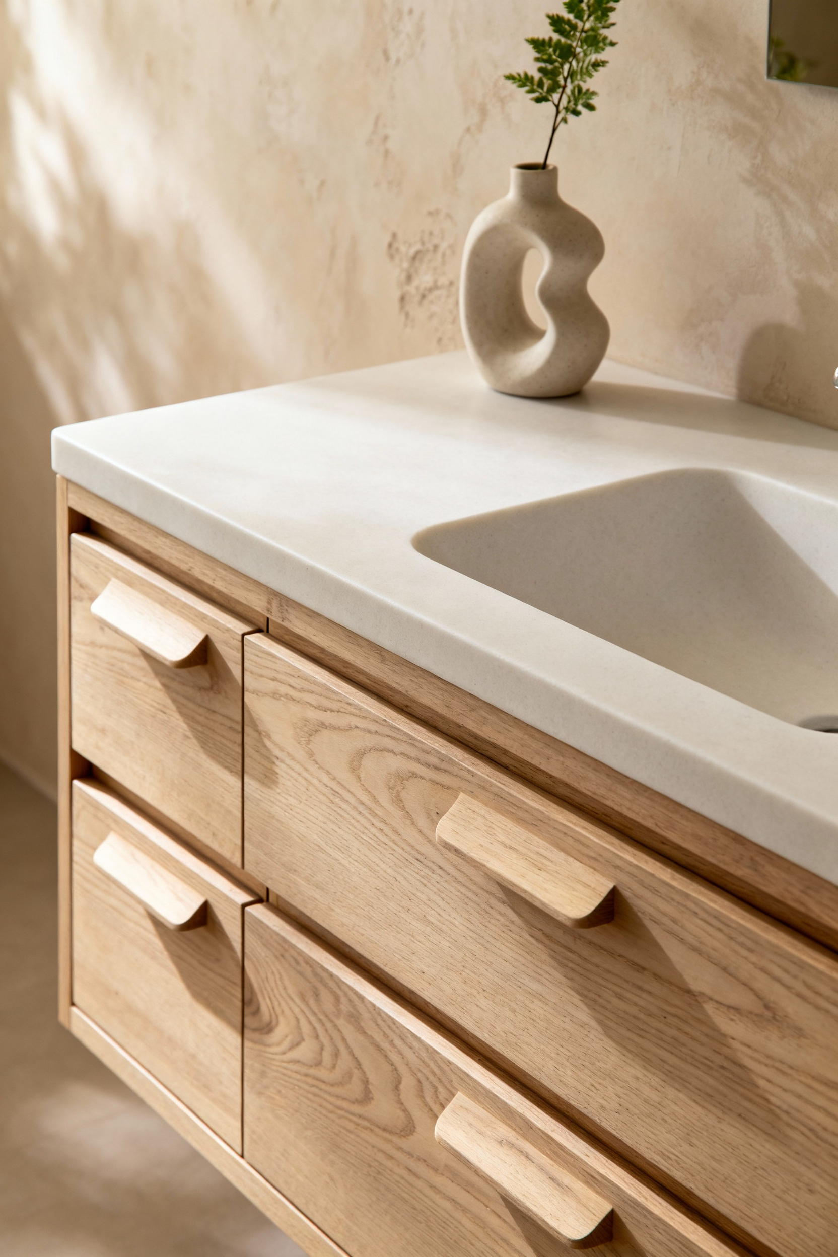 Luxury bathroom featuring a bespoke wooden vanity, reclaimed timber wall panels, and warm lighting, showcasing artisanal timber craftsmanship.