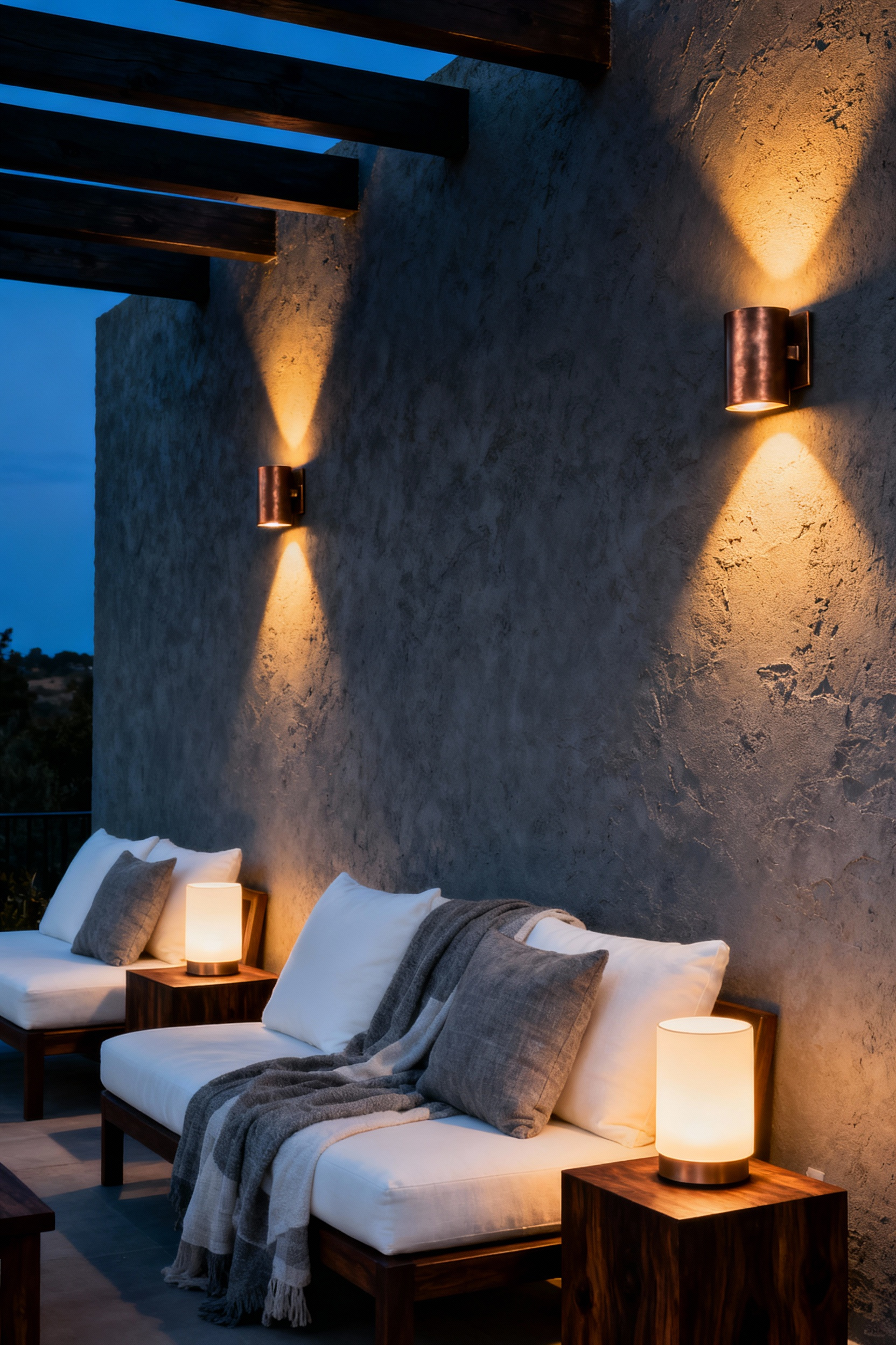 Luxurious covered back porch at dusk showcasing layered ambient lighting, including warm 2400K wall sconces and portable cordless lamps creating a soft, sophisticated glow.
