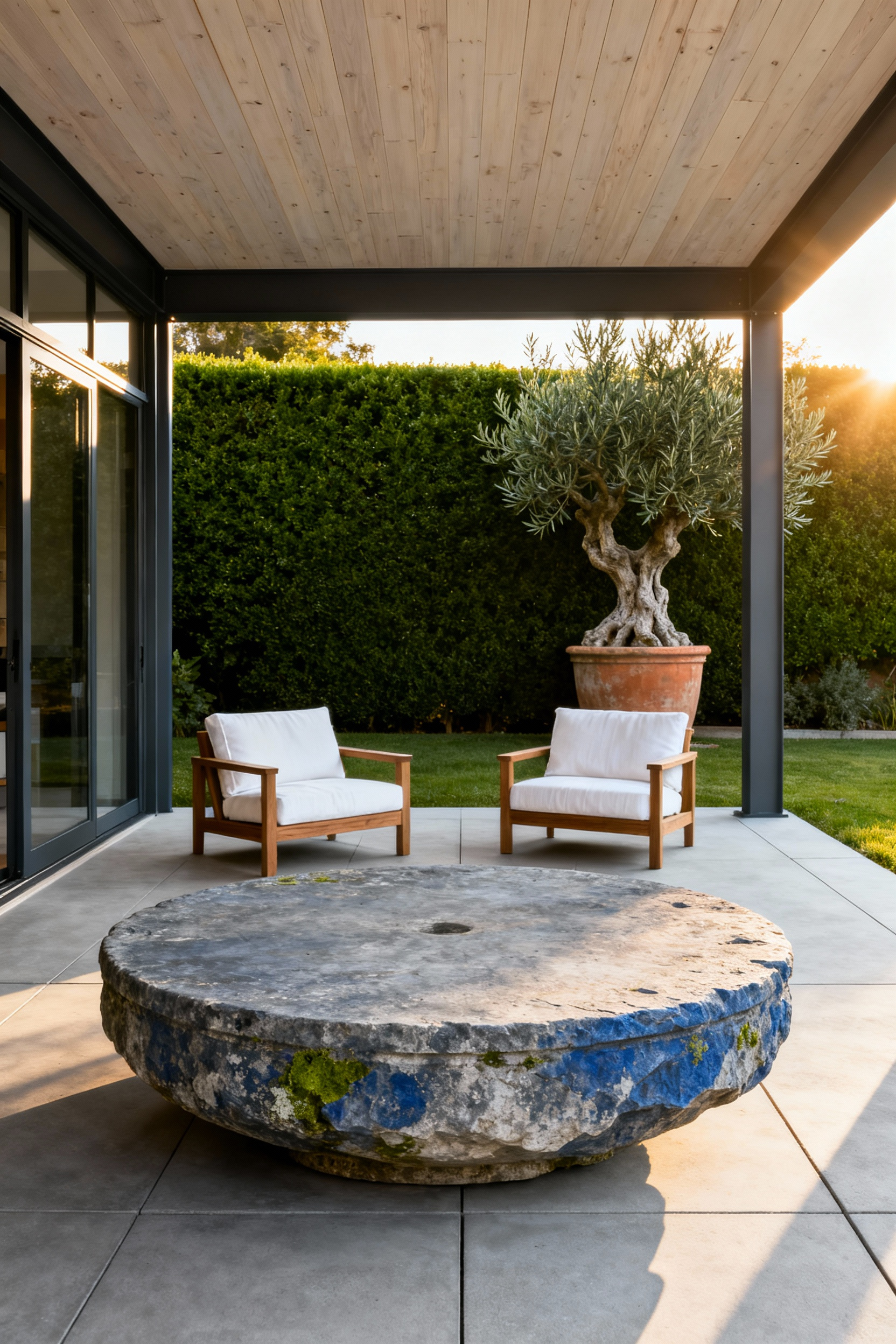A high-end back porch design featuring a juxtaposition of modern architecture and a massive, circular antique weathered stone table, highlighting the contrast between new construction and historical patina.