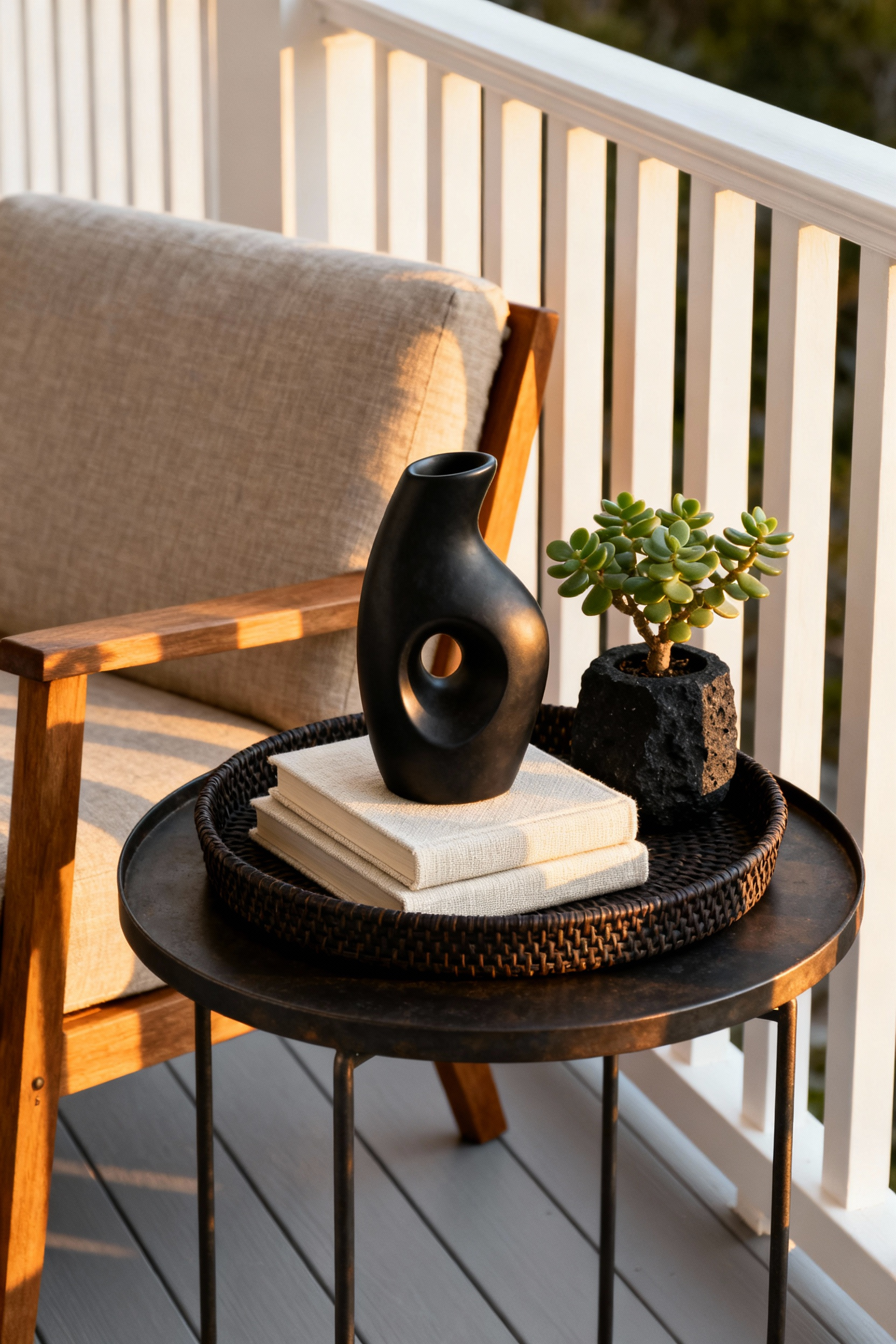 A stylish back porch side table holding a curated vignette within a dark rattan tray, featuring decorative books, an abstract ceramic sculpture, and a small potted jade plant styled like a library display.