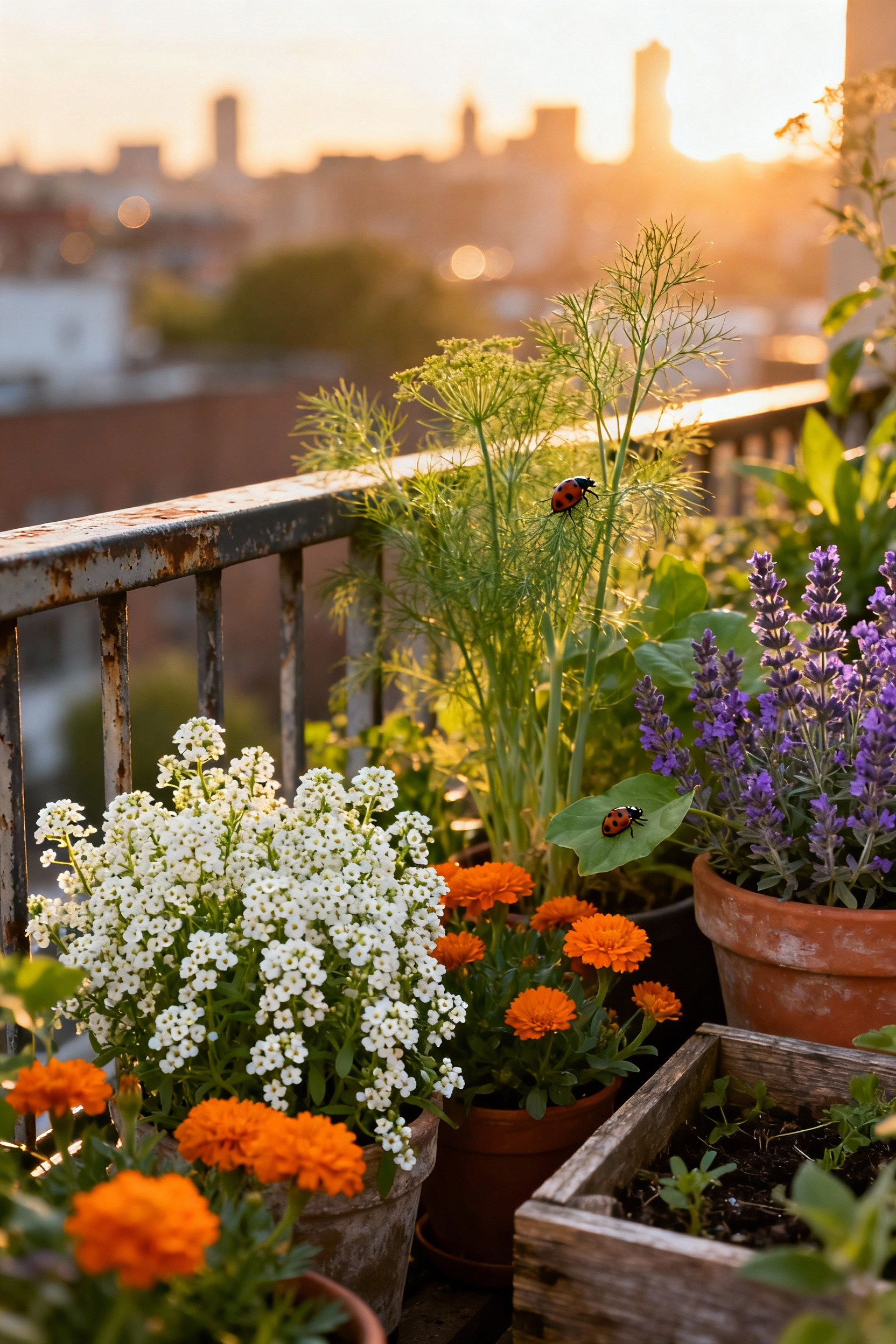 A photograph of a lush balcony garden showing diverse insectary plants like white alyssum, orange marigolds, and dill thriving in terracotta pots, used to attract beneficial insects for natural pest control.