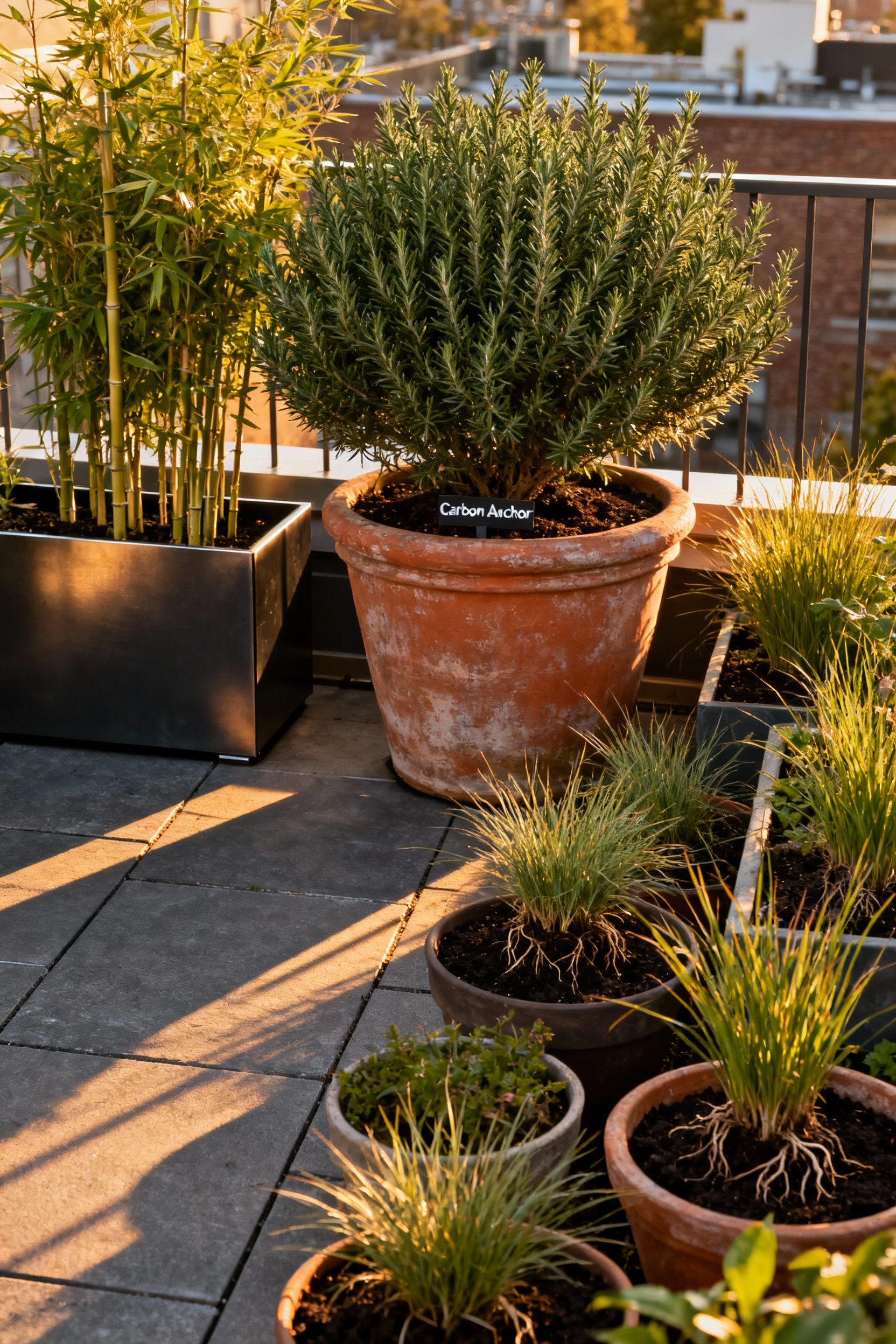 A wide-angle view of a permanent balcony garden utilizing large containers filled with deep-rooted plants like rosemary and bamboo for continuous year-round carbon sequestration.