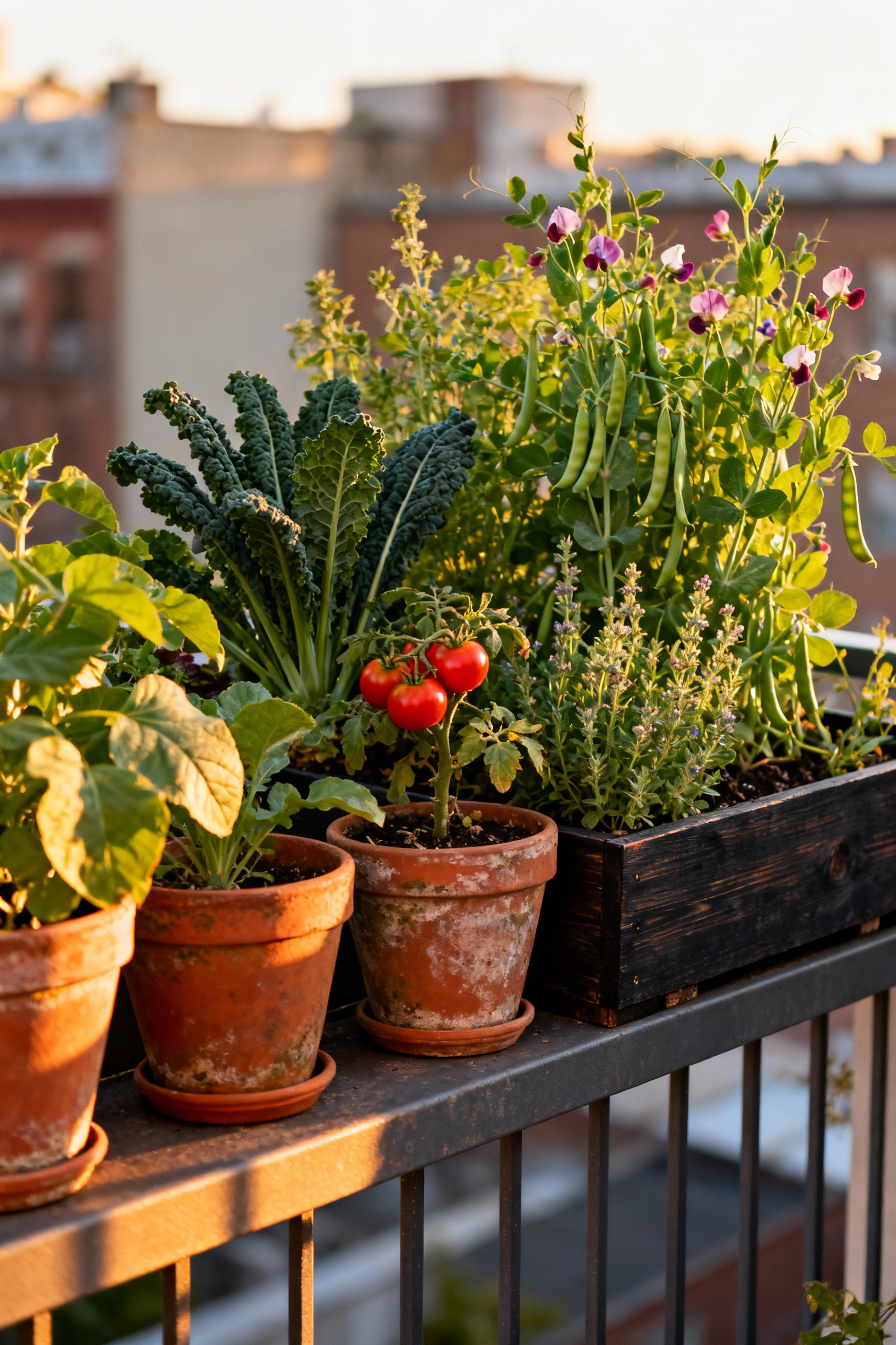 A self-sustaining balcony garden setup showing lush kale and dwarf tomatoes interplanted with nitrogen-fixing ornamental sweet peas in terracotta containers under golden morning light.