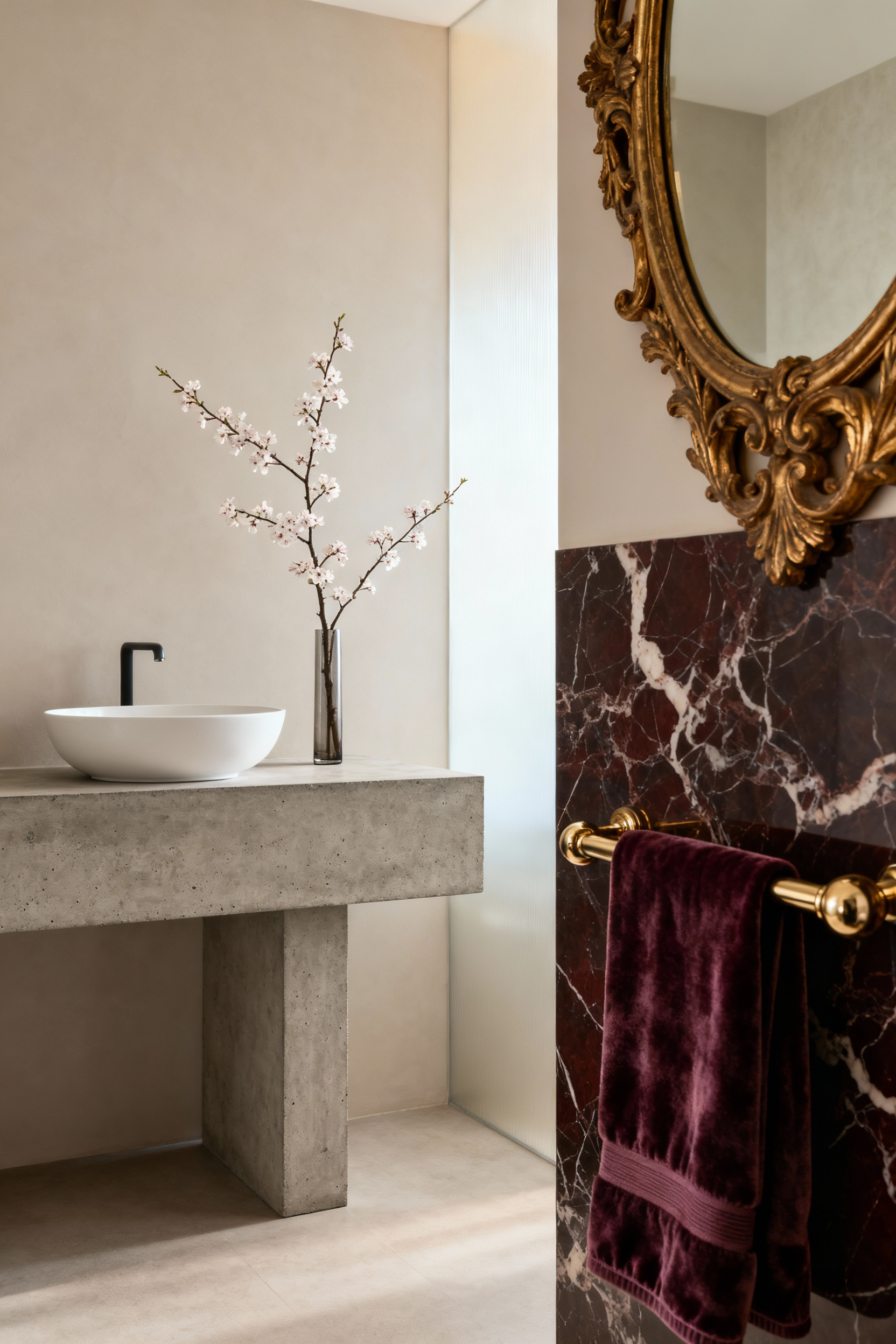 Visual representation of defining a bathroom design ethos, showcasing elements from minimalist style with a concrete vanity and simple basin to opulent style with gilded mirror and dark marble. Modern luxury bathroom interior design concept.